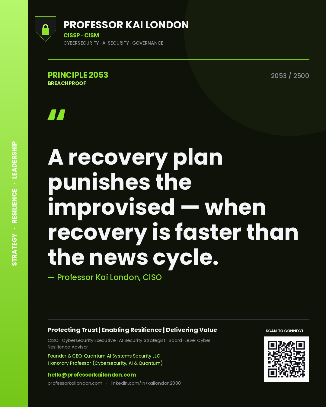 Quote card by Professor Kai London reading 'A recovery plan punishes the improvised — when recovery is faster than the news cycle.'. From the book Breachproof.