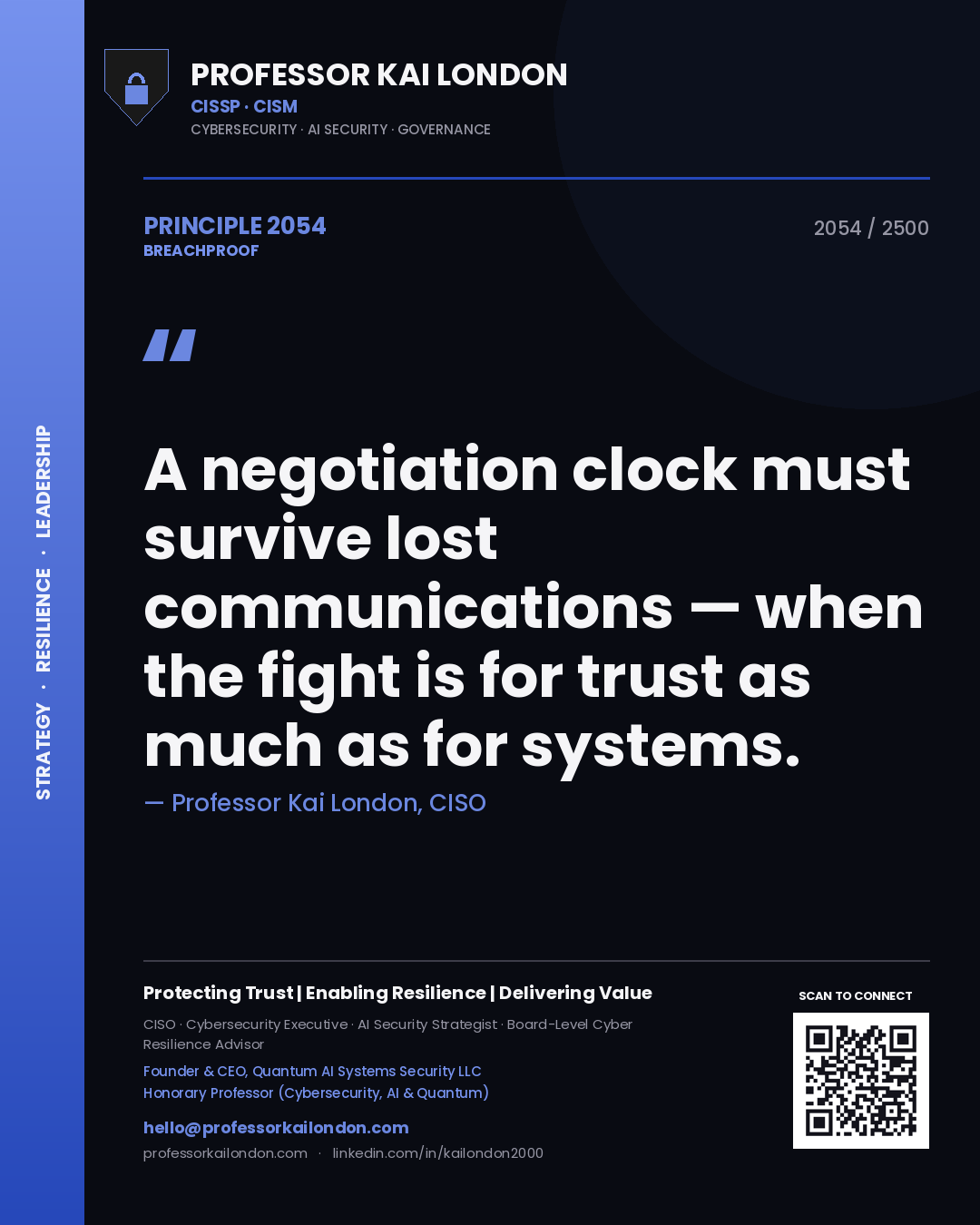 Professor Kai London principle 2054: A negotiation clock must survive lost communications — when the fight is for trust as much as for systems.