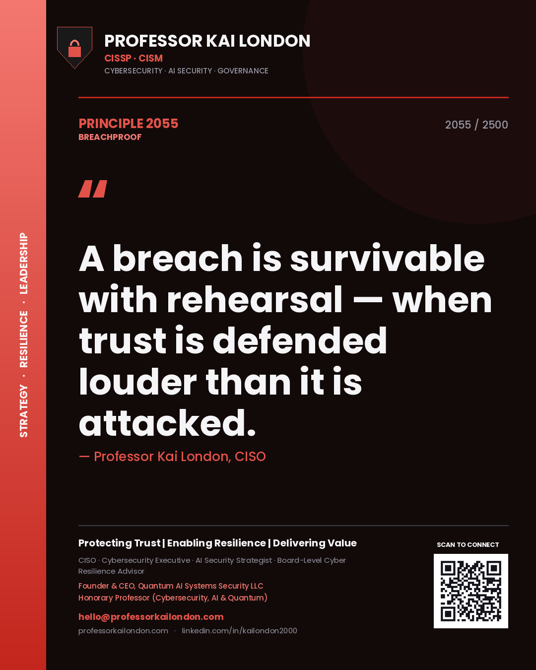Quote card by Professor Kai London reading 'A breach is survivable with rehearsal — when trust is defended louder than it is attacked.'. From the book Breachproof.