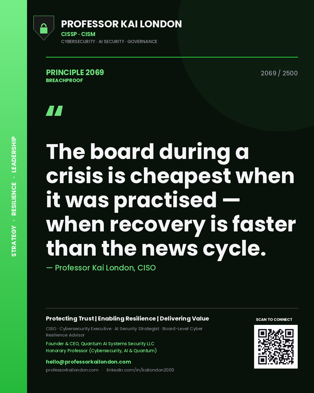 Quote card by Professor Kai London reading 'The board during a crisis is cheapest when it was practised — when recovery is faster than the news cycle.'. From the book Breachproof.
