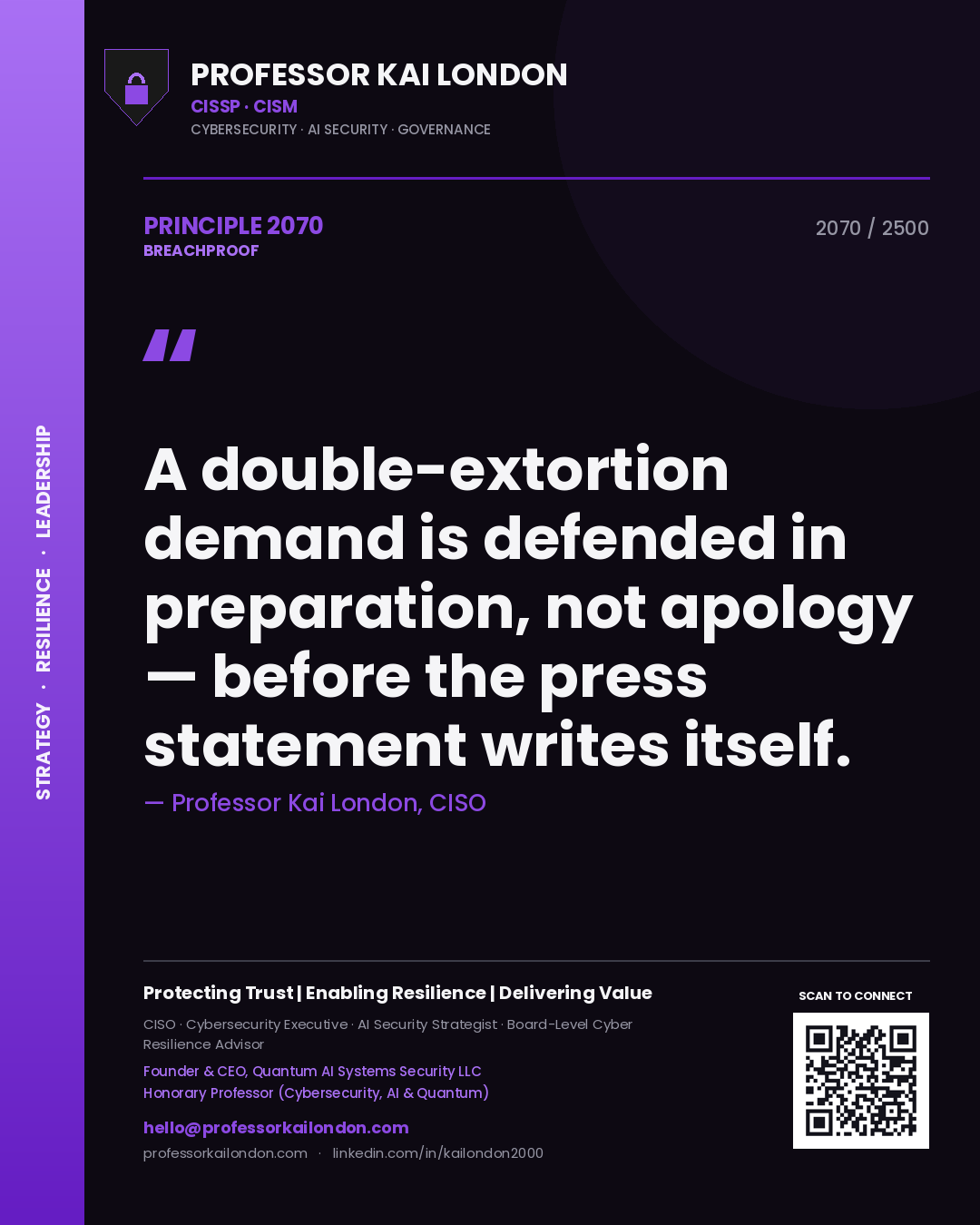 Quote card by Professor Kai London reading 'A double-extortion demand is defended in preparation, not apology — before the press statement writes itself.'. From the book Breachproof.