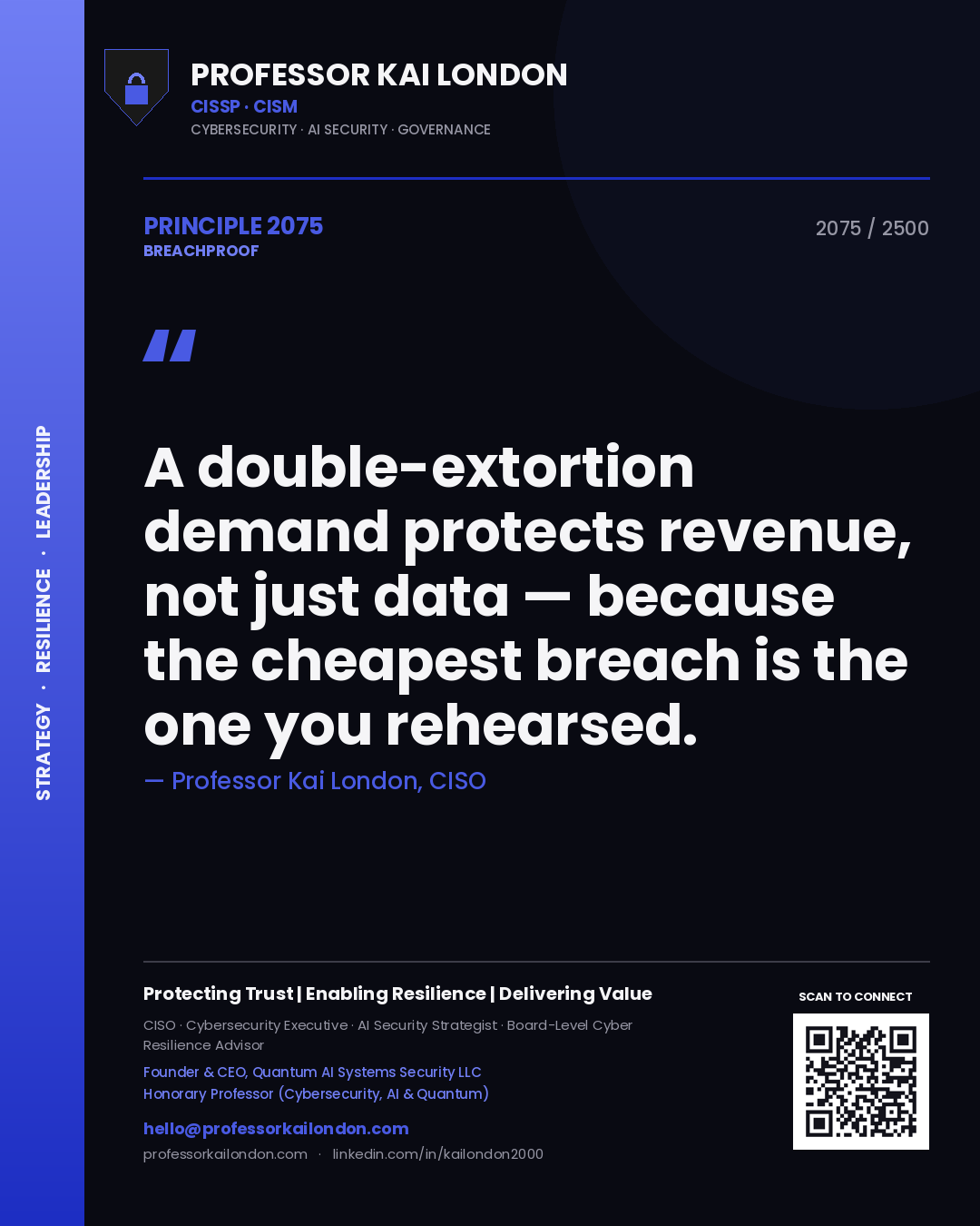 Quote card by Professor Kai London reading 'A double-extortion demand protects revenue, not just data — because the cheapest breach is the one you rehearsed.'. From the book Breachproof.