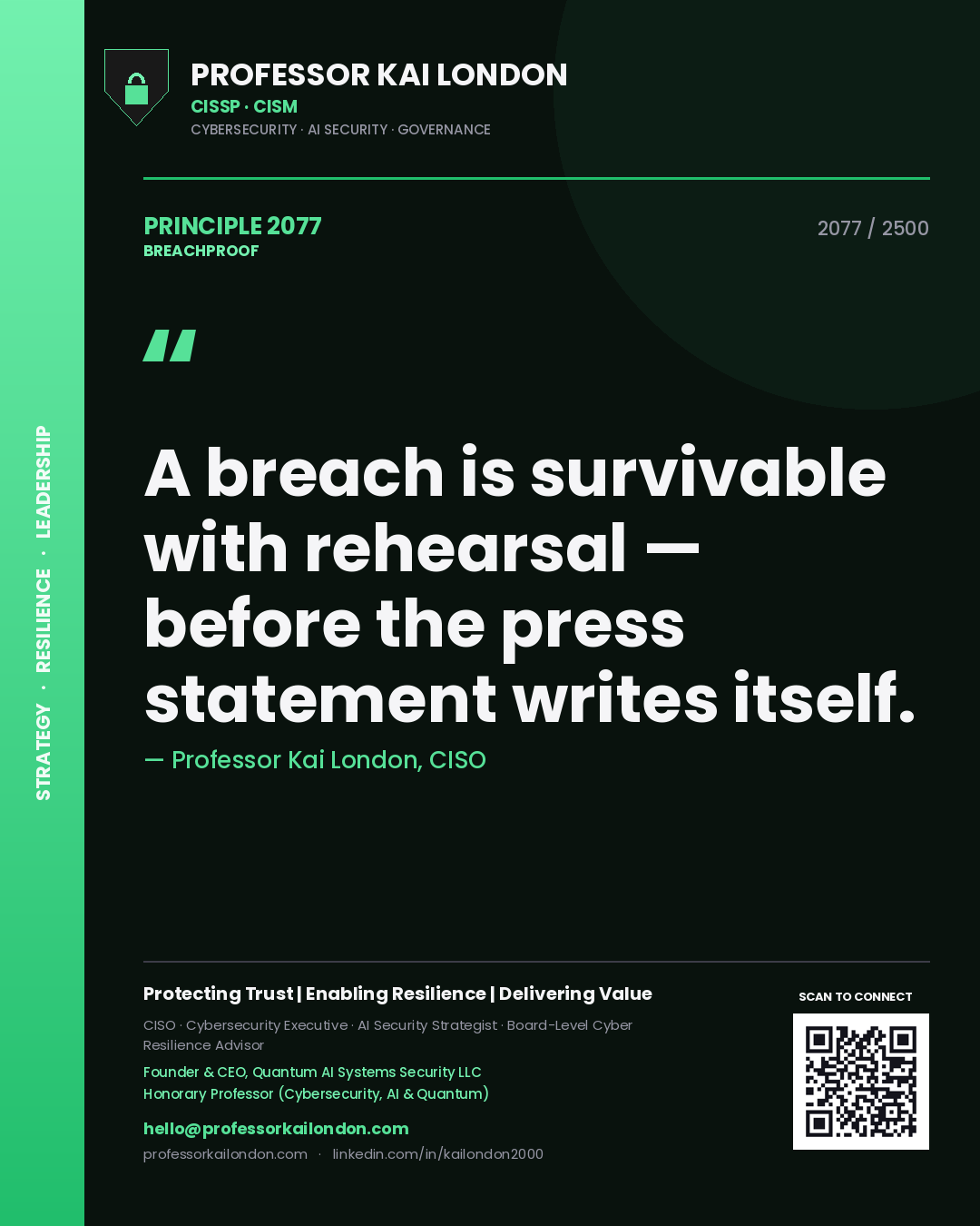 Professor Kai London principle 2077: A breach is survivable with rehearsal — before the press statement writes itself.