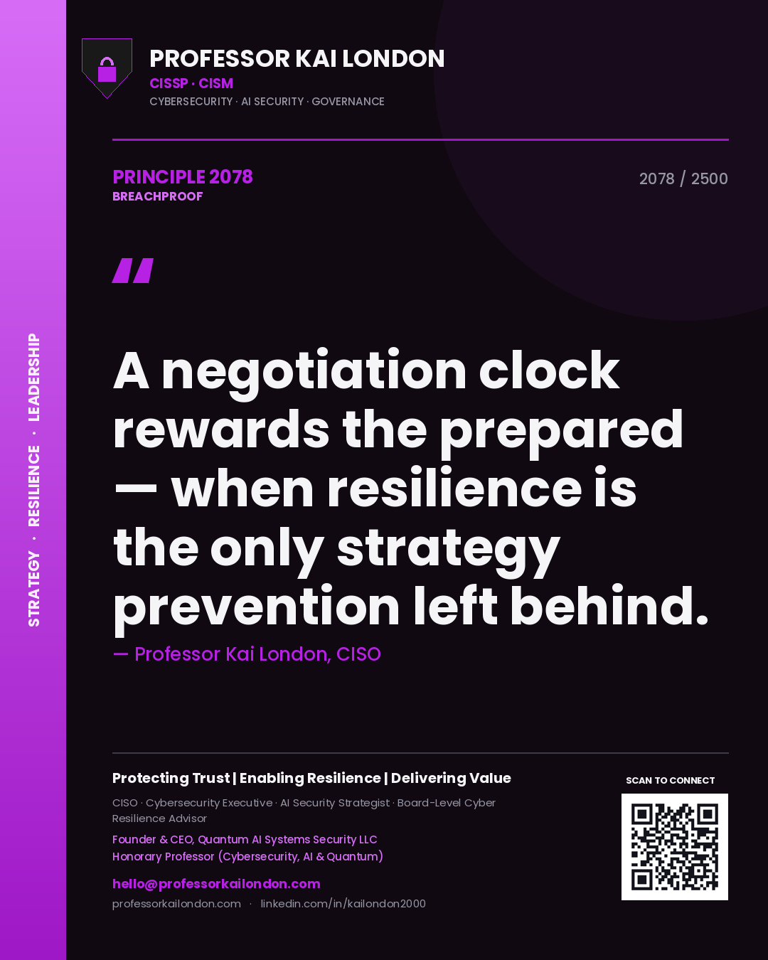 Quote card by Professor Kai London reading 'A negotiation clock rewards the prepared — when resilience is the only strategy prevention left behind.'. From the book Breachproof.