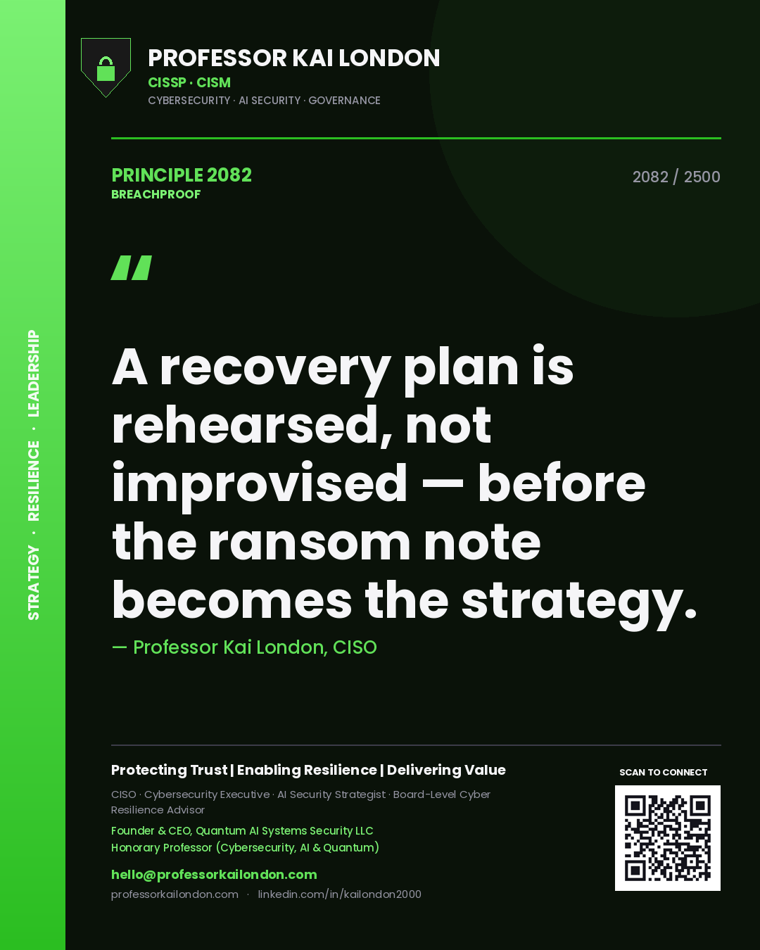 Quote card by Professor Kai London reading 'A recovery plan is rehearsed, not improvised — before the ransom note becomes the strategy.'. From the book Breachproof.