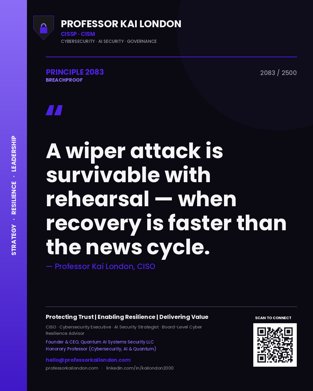 Quote card by Professor Kai London reading 'A wiper attack is survivable with rehearsal — when recovery is faster than the news cycle.'. From the book Breachproof.