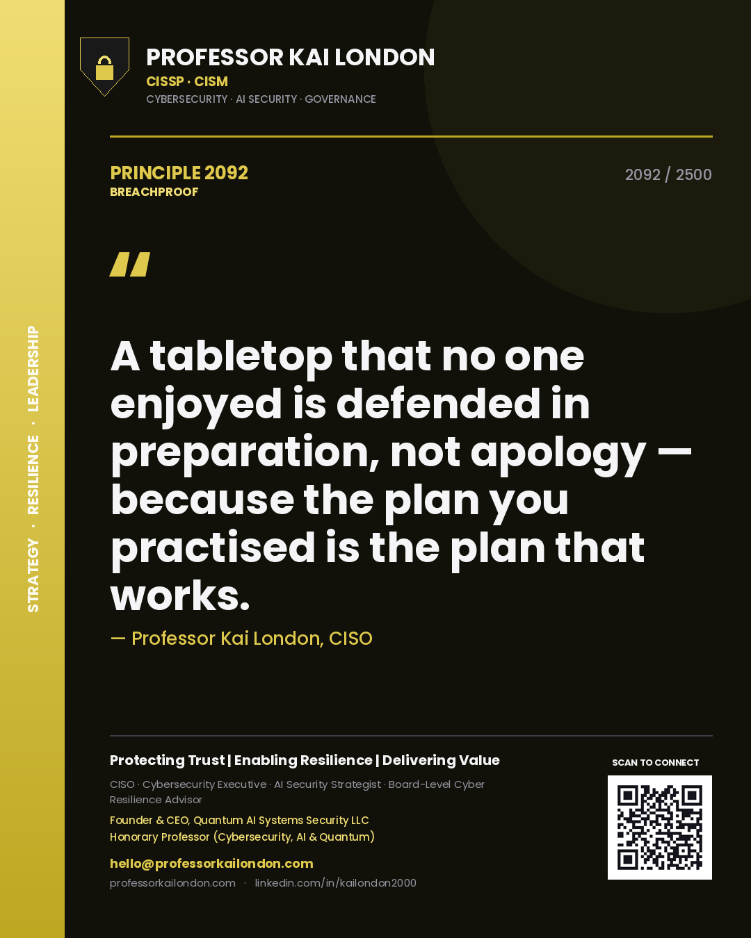 Quote card by Professor Kai London reading 'A tabletop that no one enjoyed is defended in preparation, not apology — because the plan you practised is the plan that works.'. From the book Breachproof.