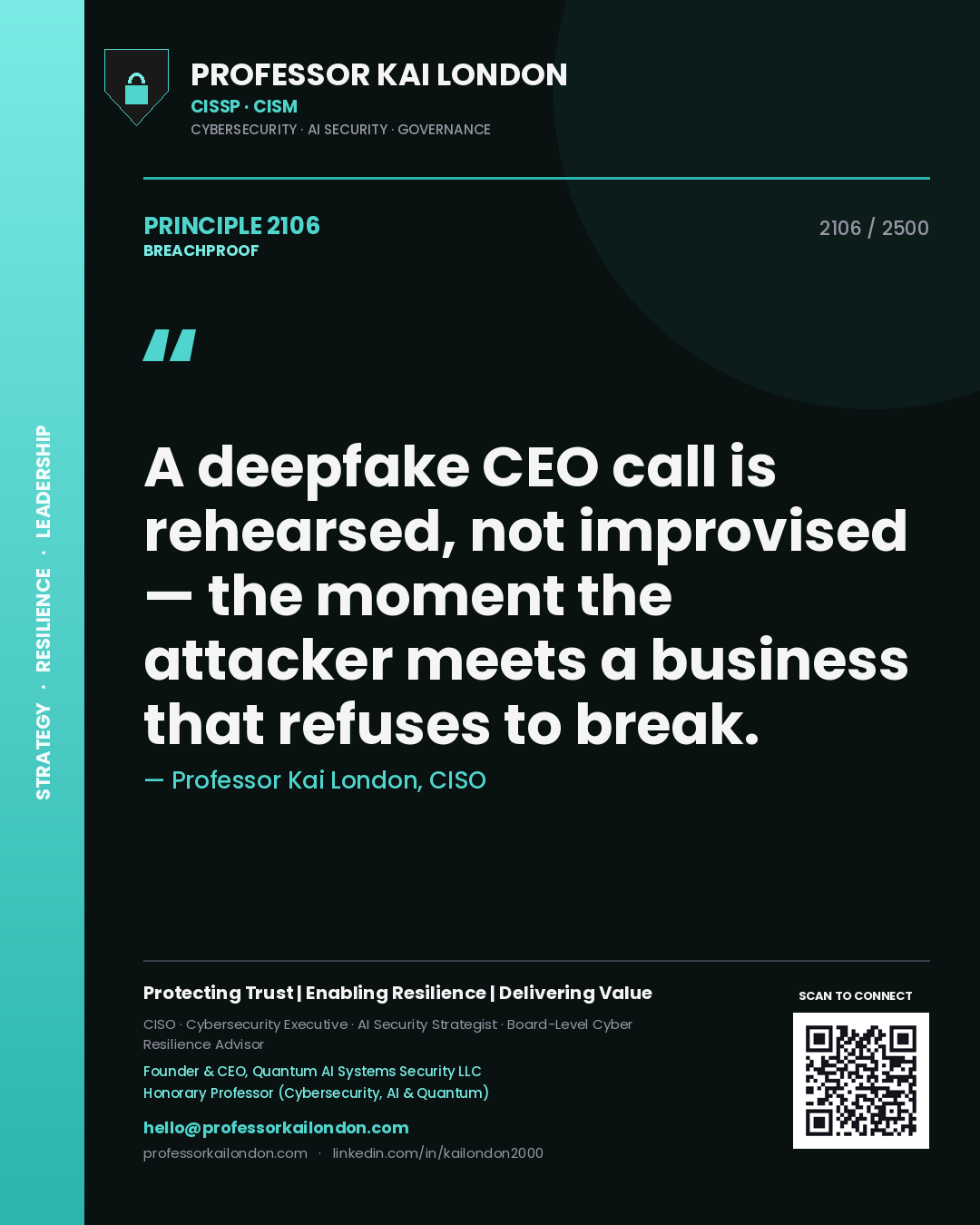 Professor Kai London principle 2106: A deepfake CEO call is rehearsed, not improvised — the moment the attacker meets a business that refuses to break.