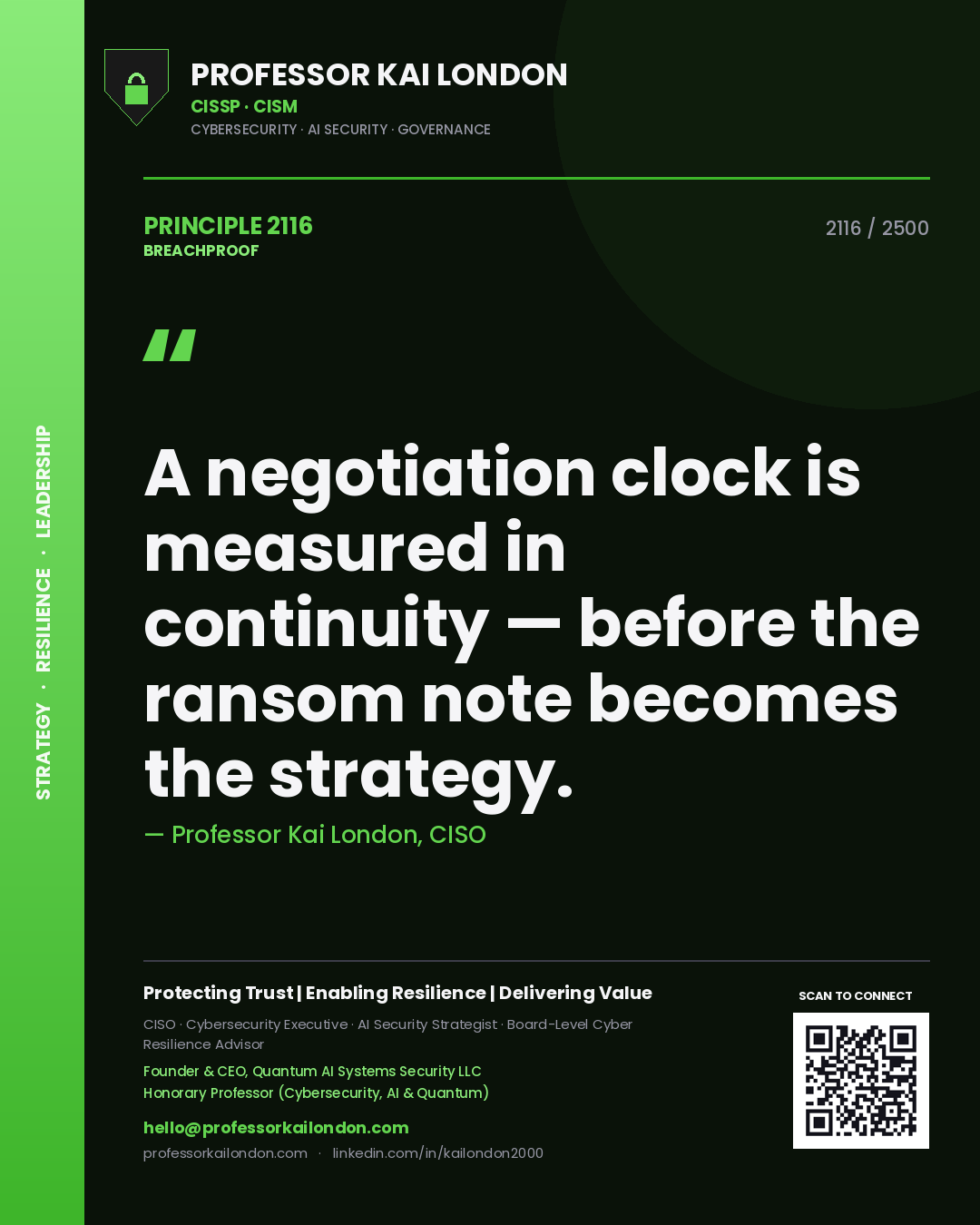 Professor Kai London principle 2116: A negotiation clock is measured in continuity — before the ransom note becomes the strategy.