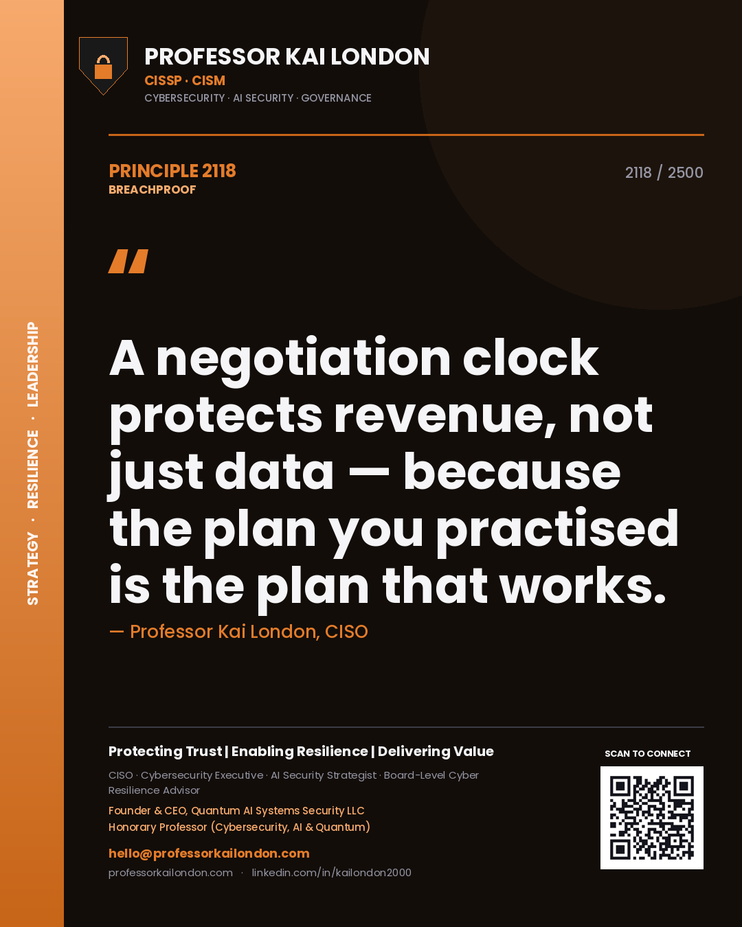Quote card by Professor Kai London reading 'A negotiation clock protects revenue, not just data — because the plan you practised is the plan that works.'. From the book Breachproof.