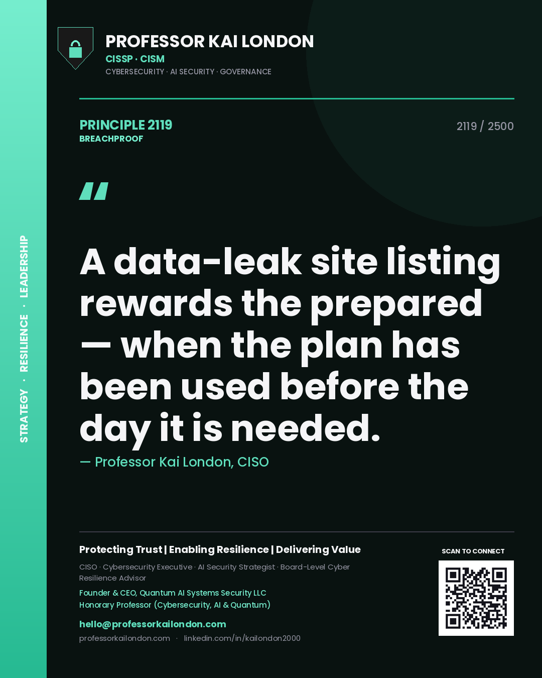 Quote card by Professor Kai London reading 'A data-leak site listing rewards the prepared — when the plan has been used before the day it is needed.'. From the book Breachproof.