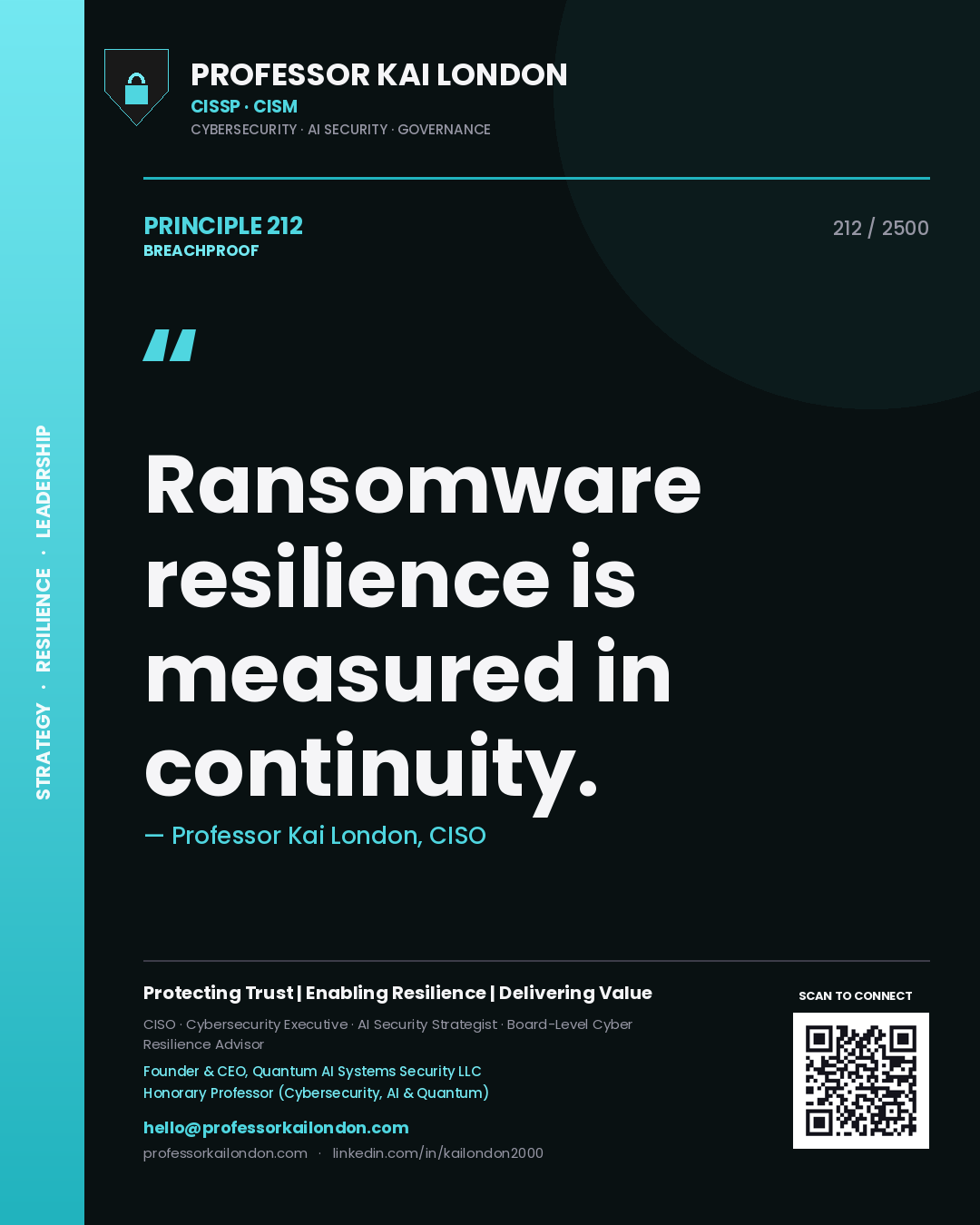 Quote card by Professor Kai London reading 'Ransomware resilience is measured in continuity.'. From the book Breachproof.