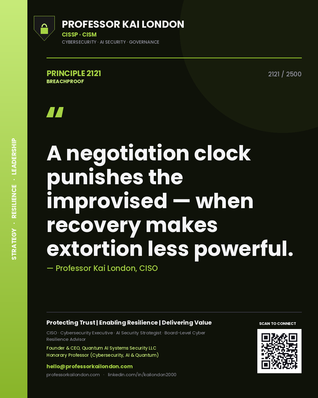 Professor Kai London principle 2121: A negotiation clock punishes the improvised — when recovery makes extortion less powerful.
