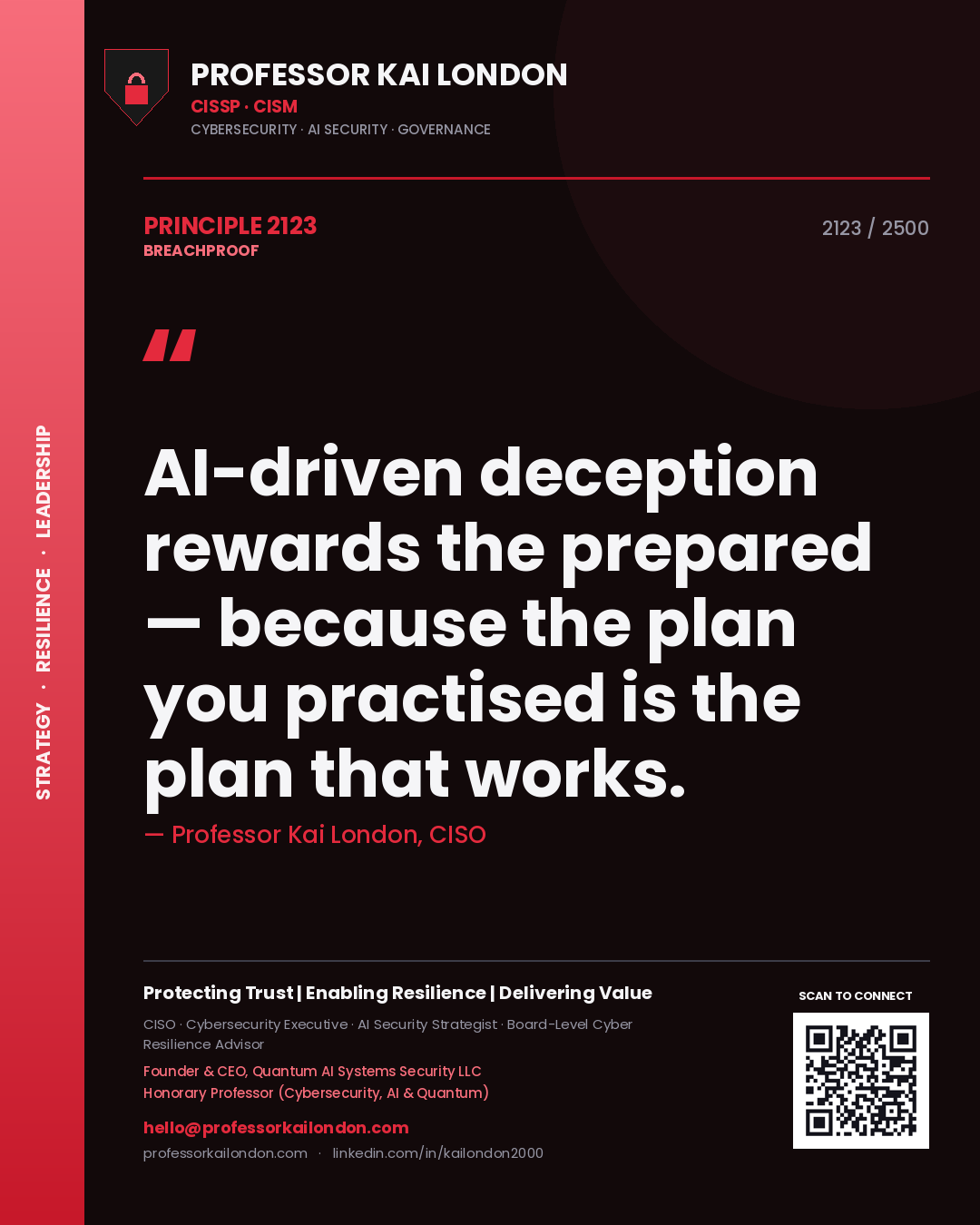 Professor Kai London principle 2123: AI-driven deception rewards the prepared — because the plan you practised is the plan that works.