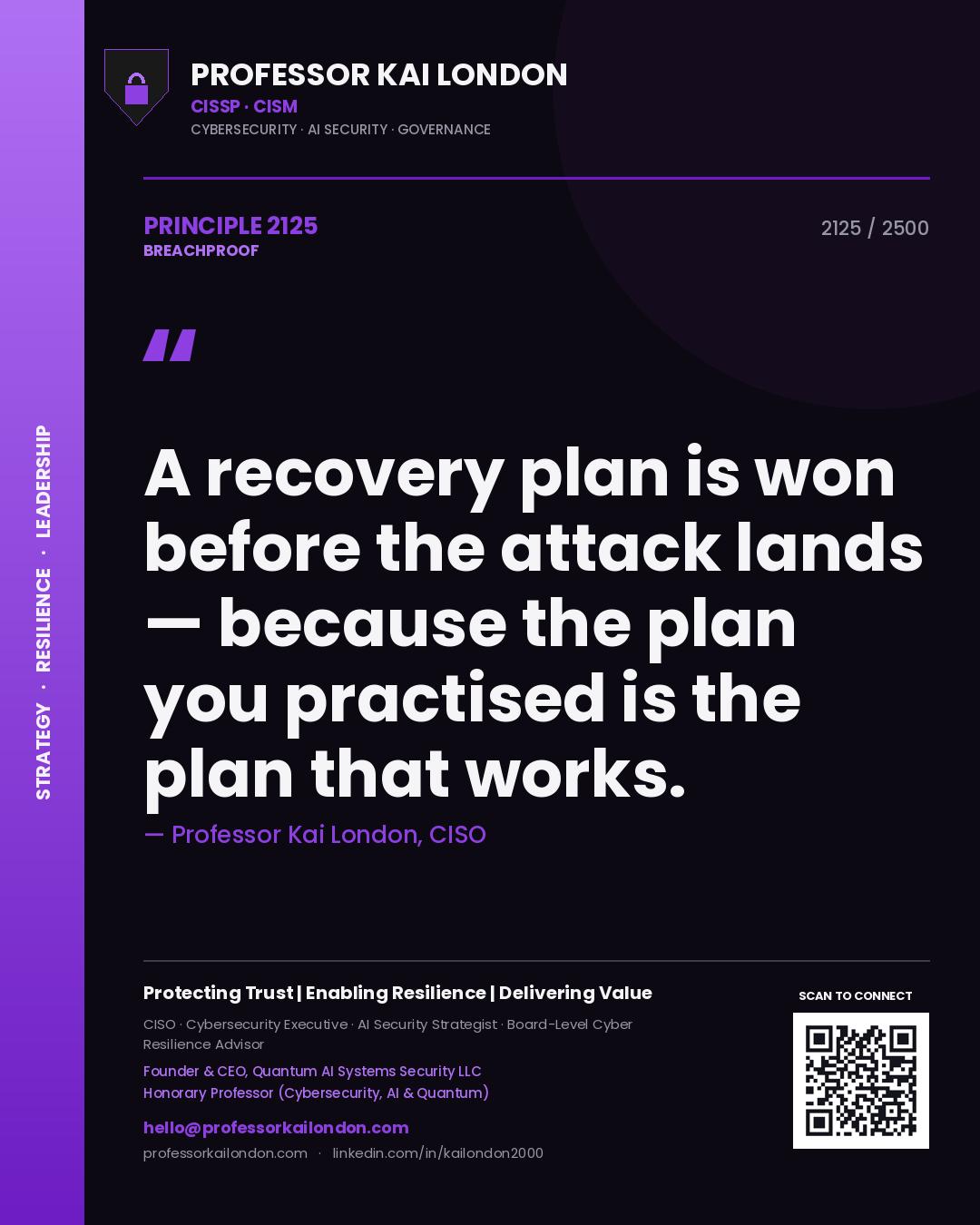 Quote card by Professor Kai London reading 'A recovery plan is won before the attack lands — because the plan you practised is the plan that works.'. From the book Breachproof.