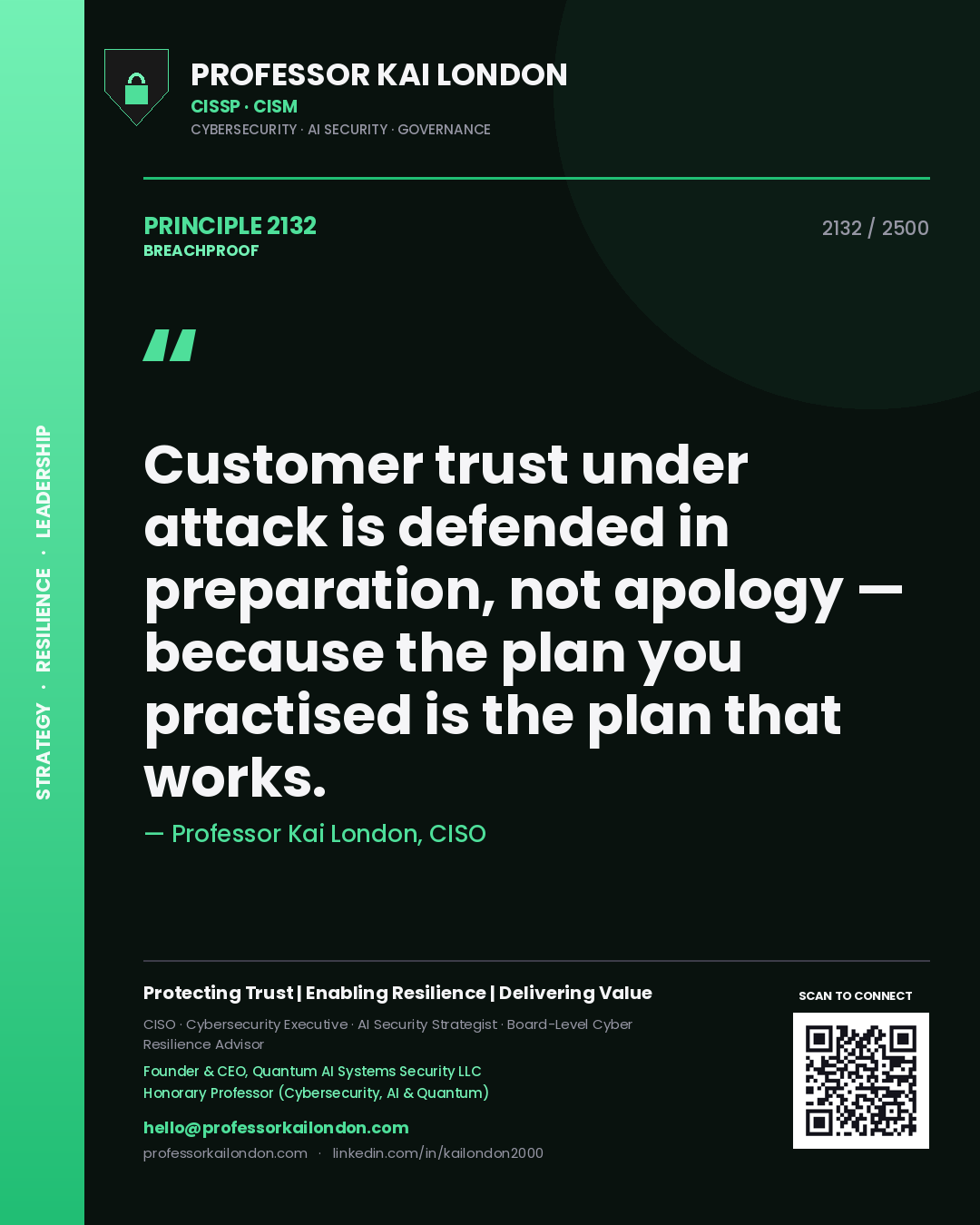 Quote card by Professor Kai London reading 'Customer trust under attack is defended in preparation, not apology — because the plan you practised is the plan that works.'. From the book Breachproof.