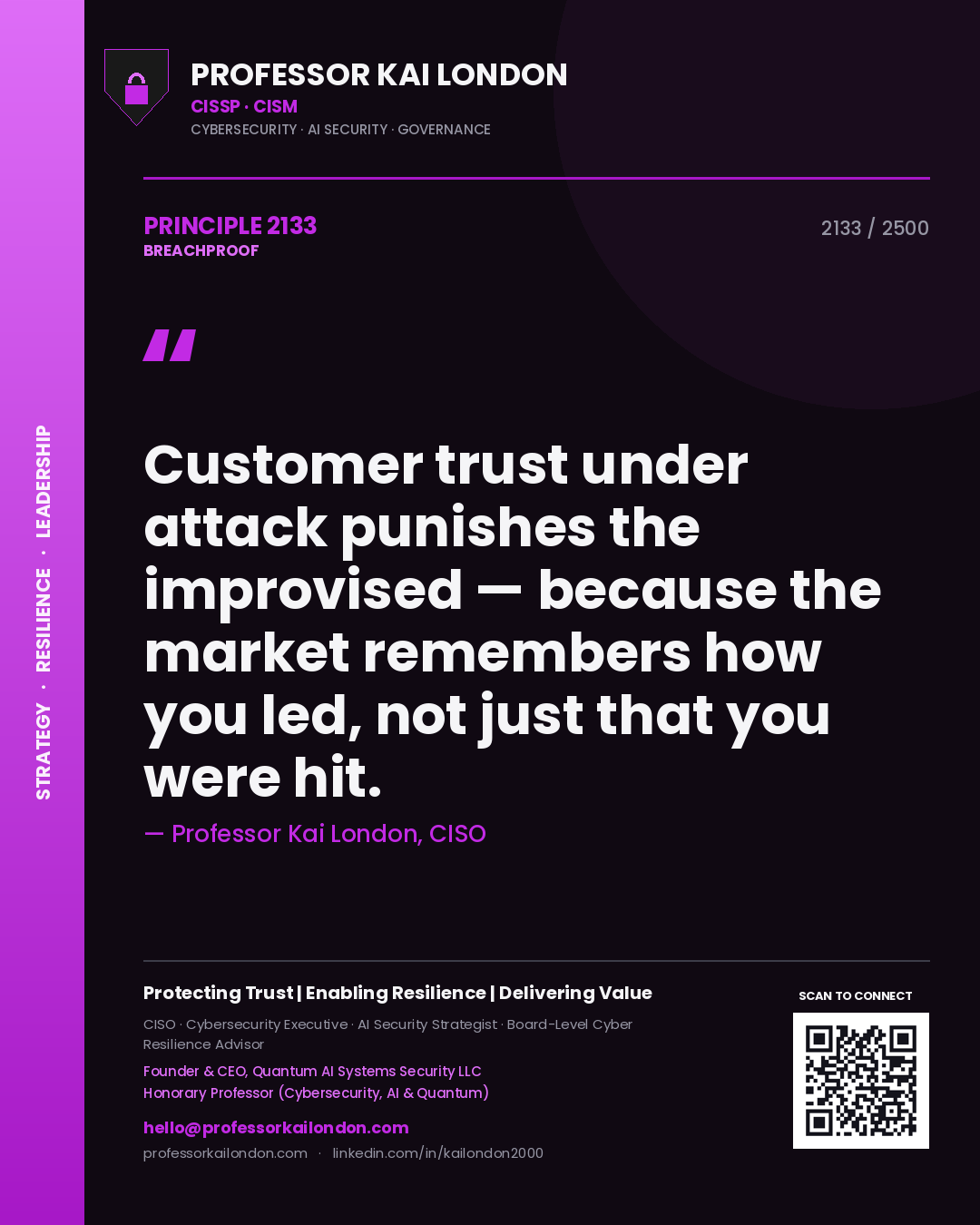 Quote card by Professor Kai London reading 'Customer trust under attack punishes the improvised — because the market remembers how you led, not just that you were hit.'. From the book Breachproof.
