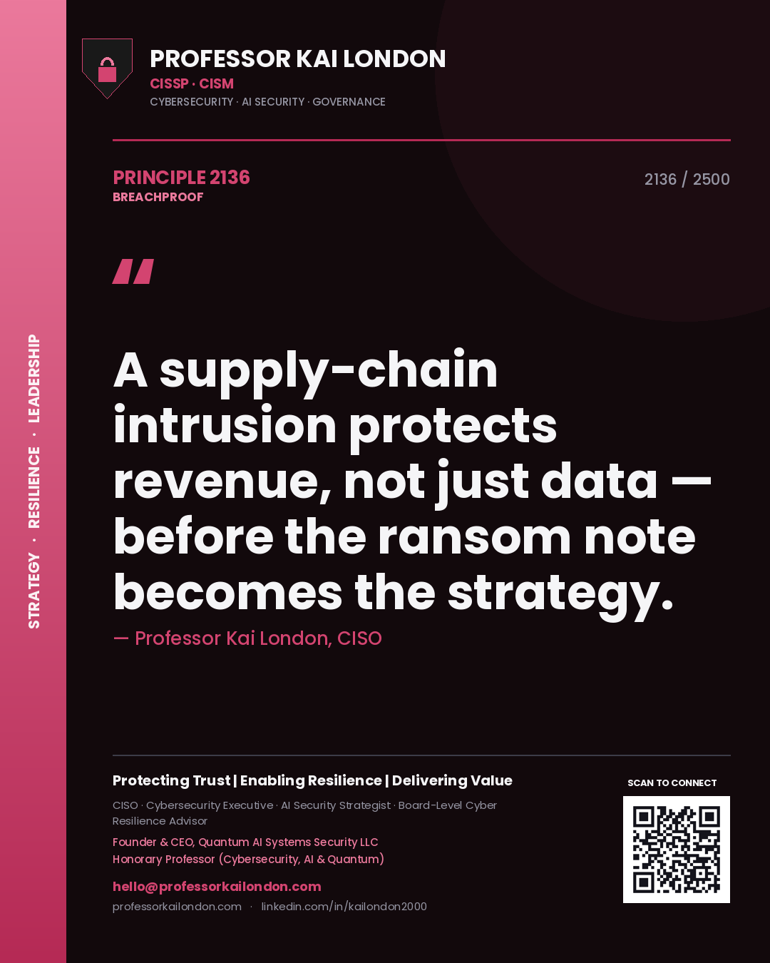 Professor Kai London principle 2136: A supply-chain intrusion protects revenue, not just data — before the ransom note becomes the strategy.