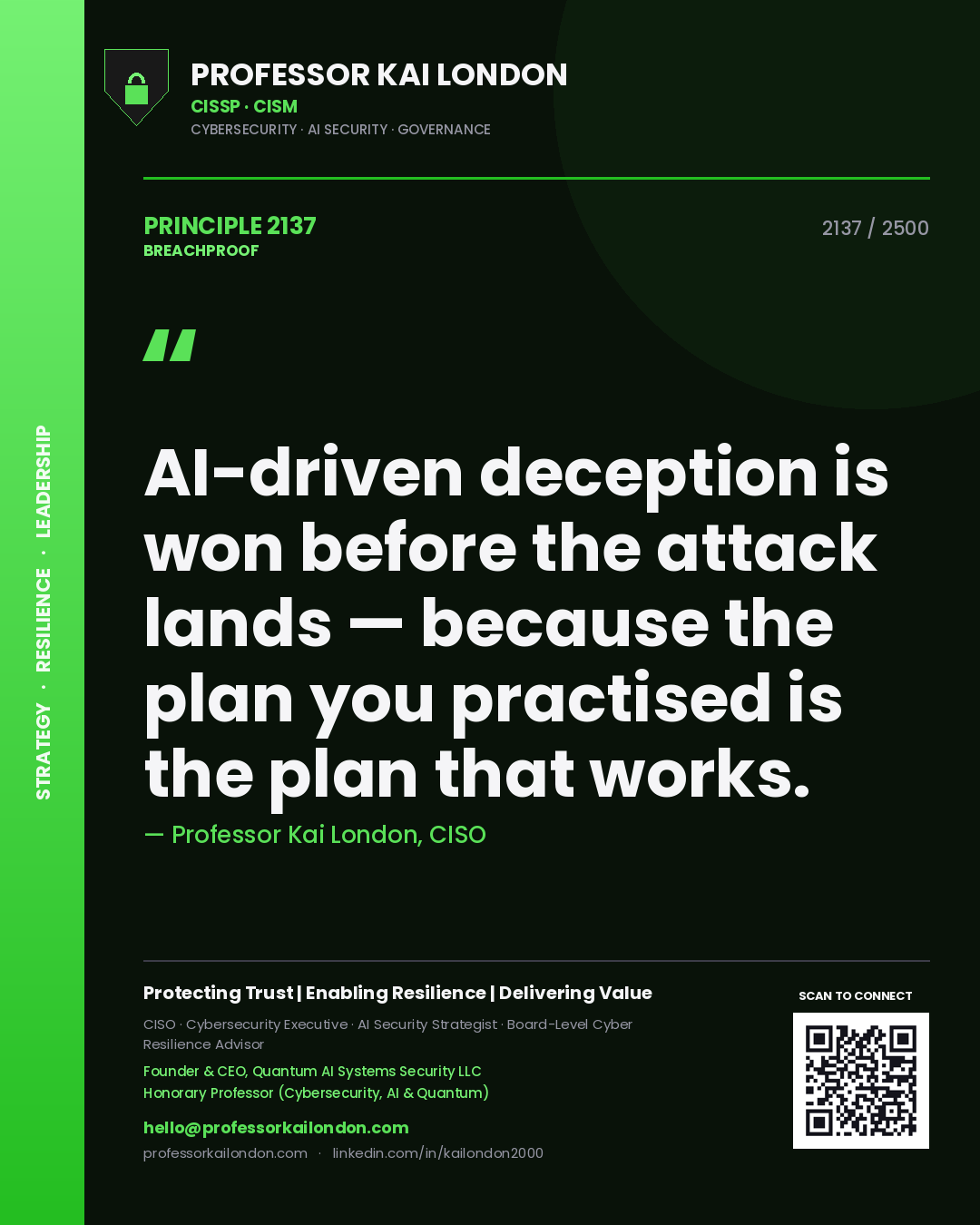 Quote card by Professor Kai London reading 'AI-driven deception is won before the attack lands — because the plan you practised is the plan that works.'. From the book Breachproof.