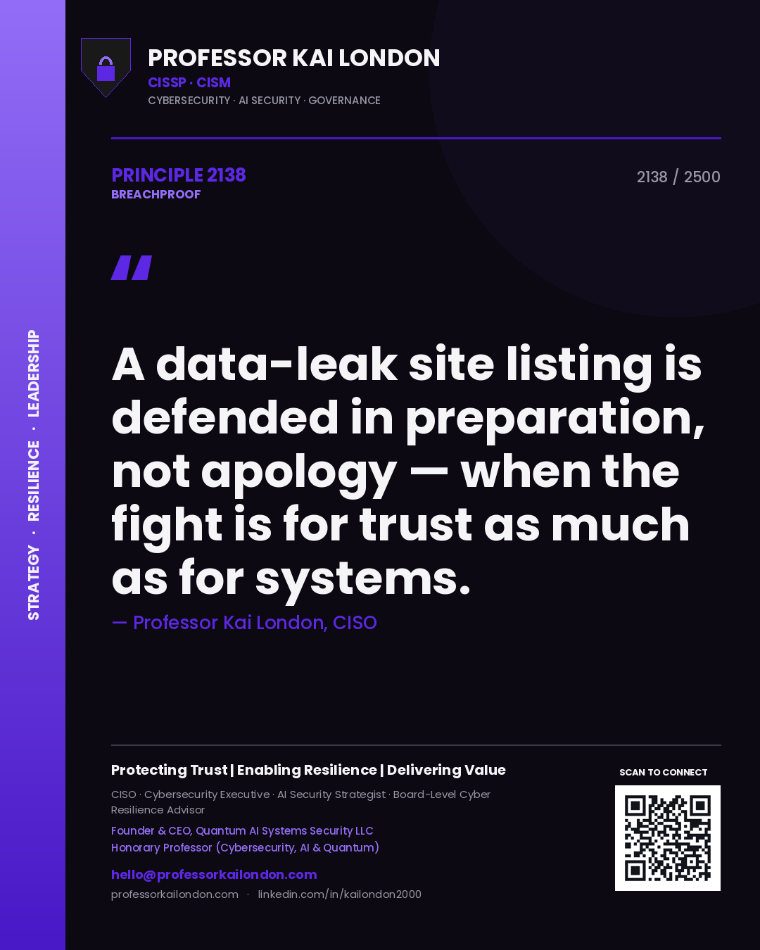 Quote card by Professor Kai London reading 'A data-leak site listing is defended in preparation, not apology — when the fight is for trust as much as for systems.'. From the book Breachproof.