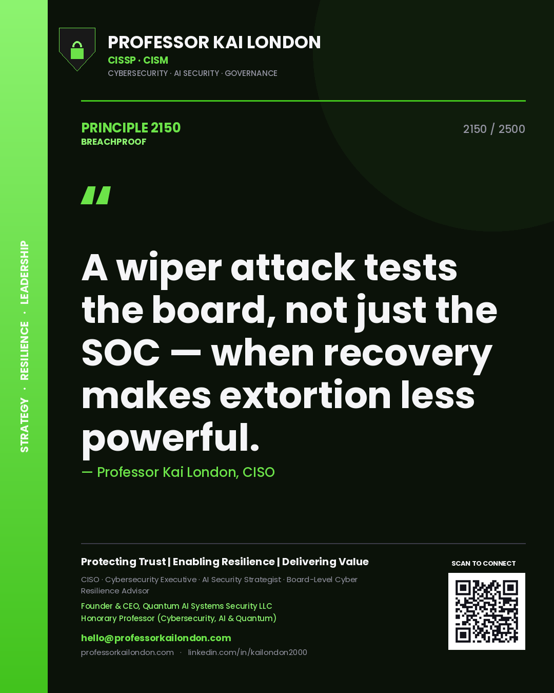 Professor Kai London principle 2150: A wiper attack tests the board, not just the SOC — when recovery makes extortion less powerful.