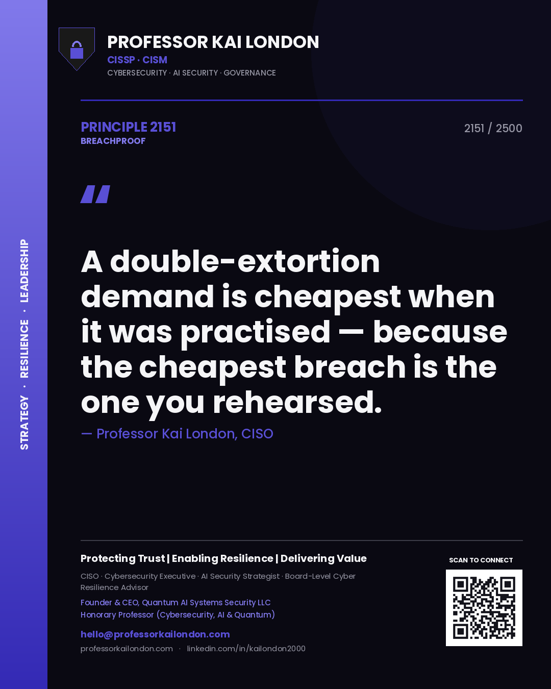 Quote card by Professor Kai London reading 'A double-extortion demand is cheapest when it was practised — because the cheapest breach is the one you rehearsed.'. From the book Breachproof.