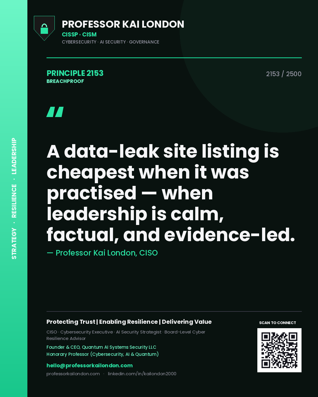Quote card by Professor Kai London reading 'A data-leak site listing is cheapest when it was practised — when leadership is calm, factual, and evidence-led.'. From the book Breachproof.