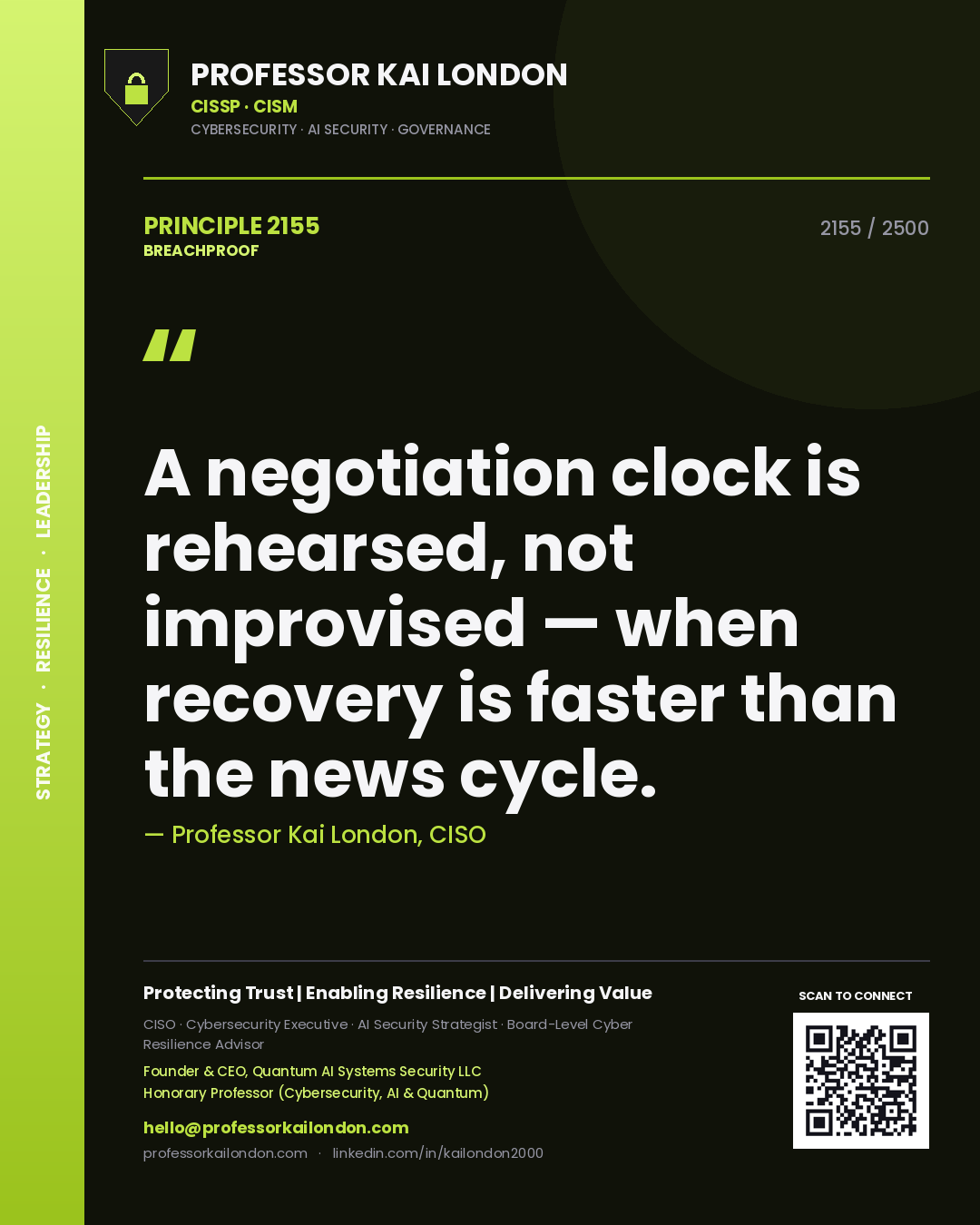 Quote card by Professor Kai London reading 'A negotiation clock is rehearsed, not improvised — when recovery is faster than the news cycle.'. From the book Breachproof.