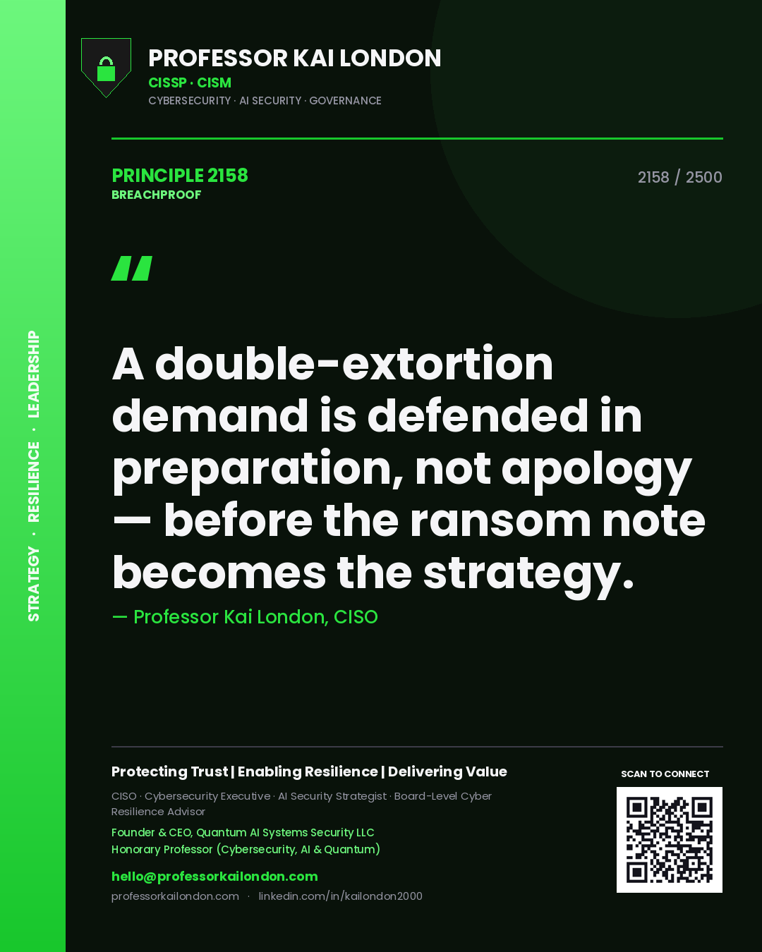 Quote card by Professor Kai London reading 'A double-extortion demand is defended in preparation, not apology — before the ransom note becomes the strategy.'. From the book Breachproof.