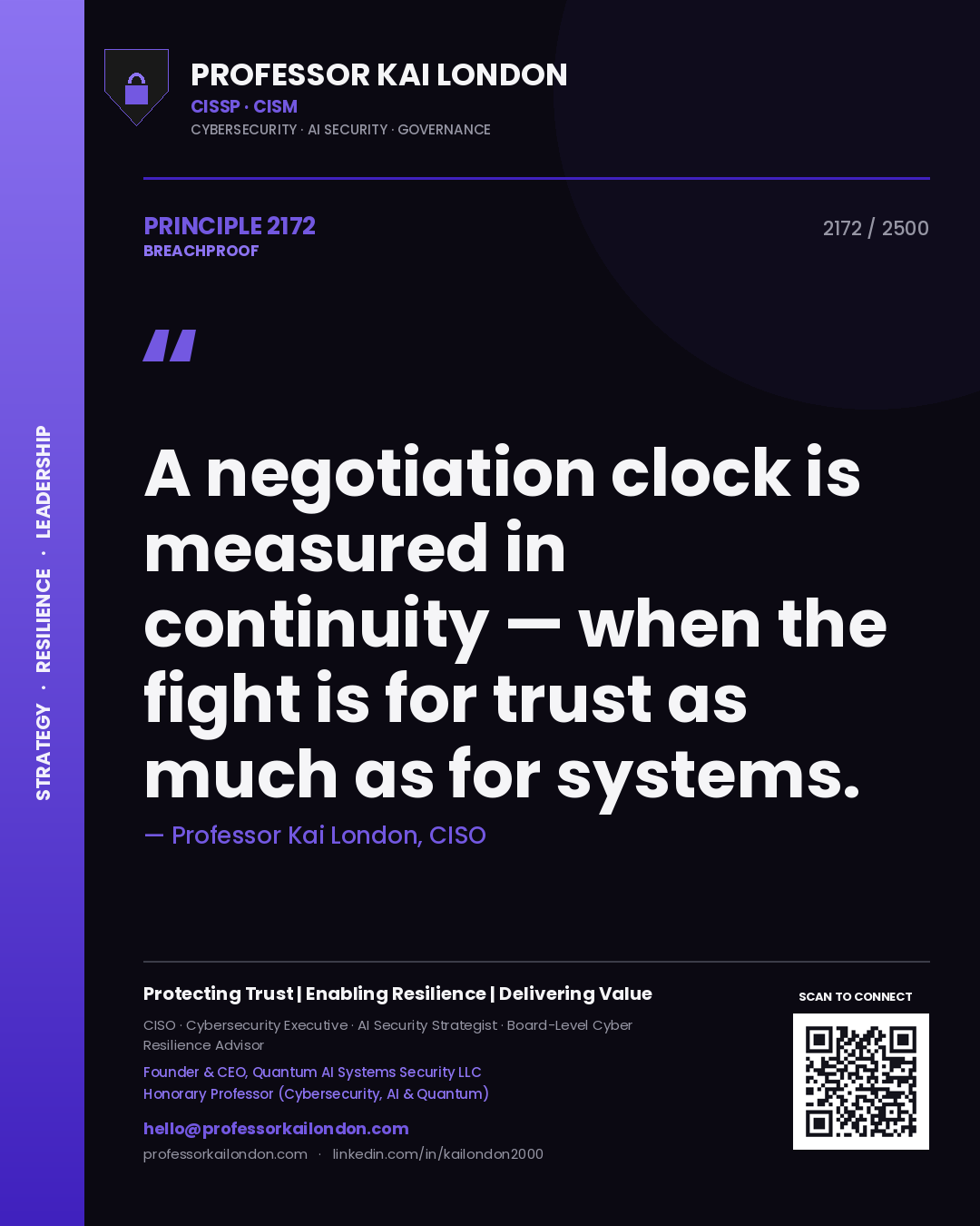 Quote card by Professor Kai London reading 'A negotiation clock is measured in continuity — when the fight is for trust as much as for systems.'. From the book Breachproof.
