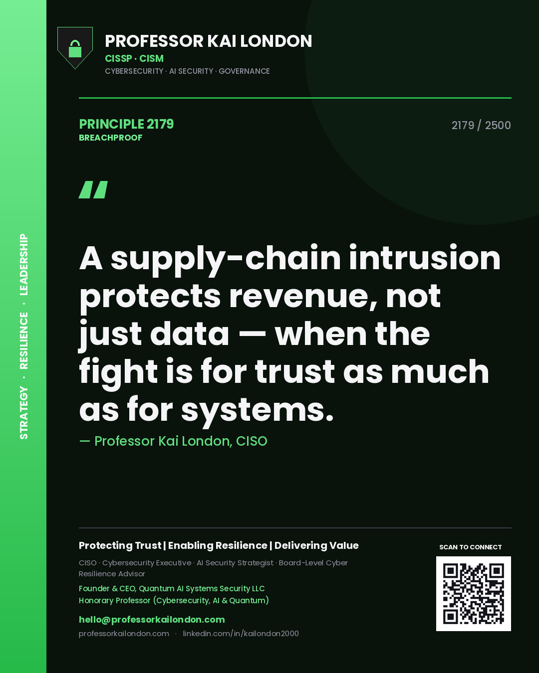 Professor Kai London principle 2179: A supply-chain intrusion protects revenue, not just data — when the fight is for trust as much as for systems.