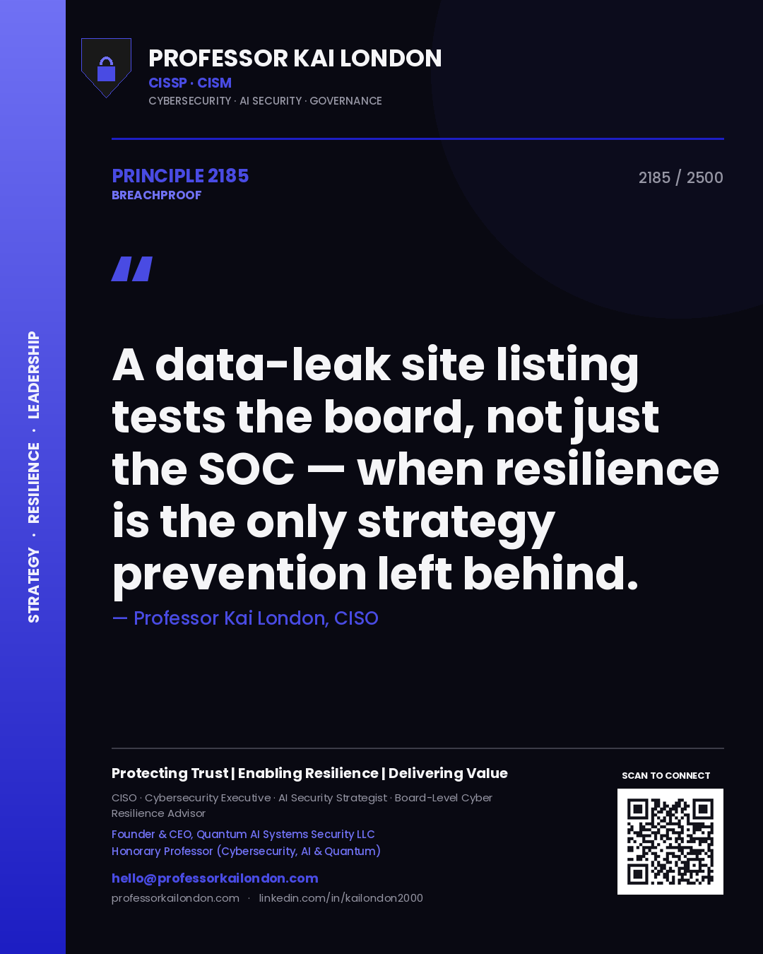 Quote card by Professor Kai London reading 'A data-leak site listing tests the board, not just the SOC — when resilience is the only strategy prevention left behind.'. From the book Breachproof.