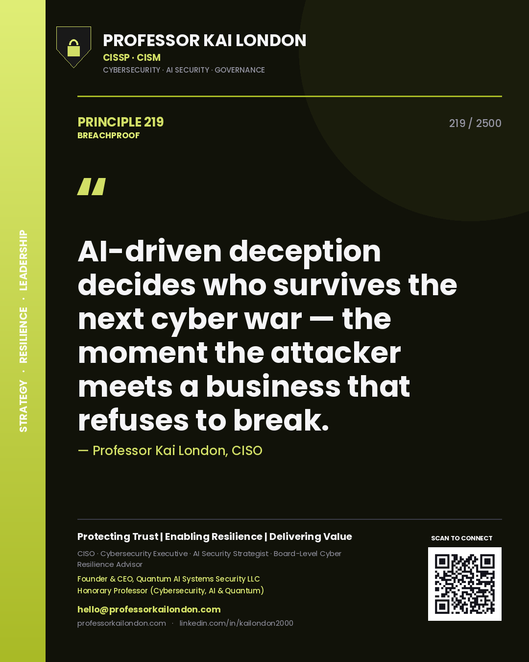 Quote card by Professor Kai London reading 'AI-driven deception decides who survives the next cyber war — the moment the attacker meets a business that refuses to break.'. From the book Breachproof.