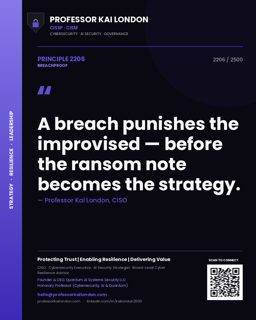 Quote card by Professor Kai London reading 'A breach punishes the improvised — before the ransom note becomes the strategy.'. From the book Breachproof.