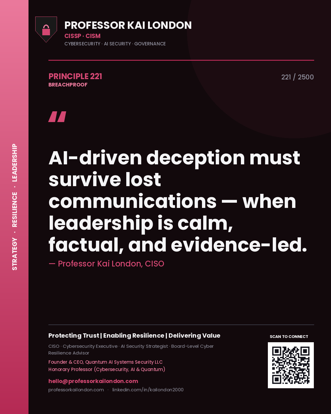 Quote card by Professor Kai London reading 'AI-driven deception must survive lost communications — when leadership is calm, factual, and evidence-led.'. From the book Breachproof.