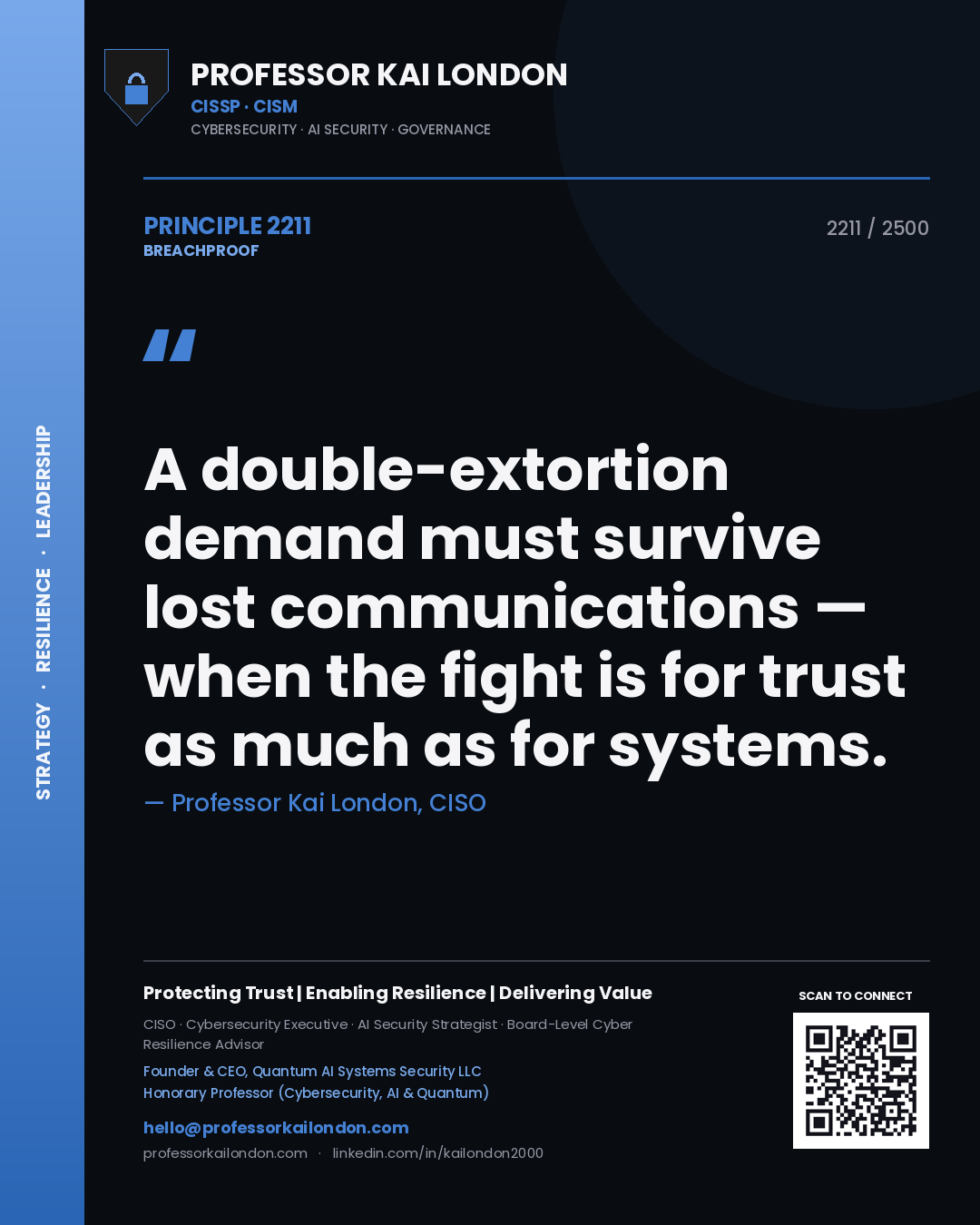 Quote card by Professor Kai London reading 'A double-extortion demand must survive lost communications — when the fight is for trust as much as for systems.'. From the book Breachproof.