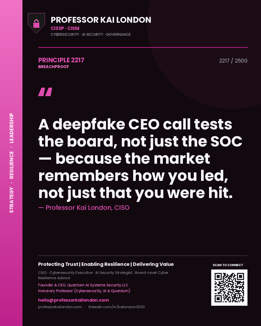 Quote card by Professor Kai London reading 'A deepfake CEO call tests the board, not just the SOC — because the market remembers how you led, not just that you were hit.'. From the book Breachproof.