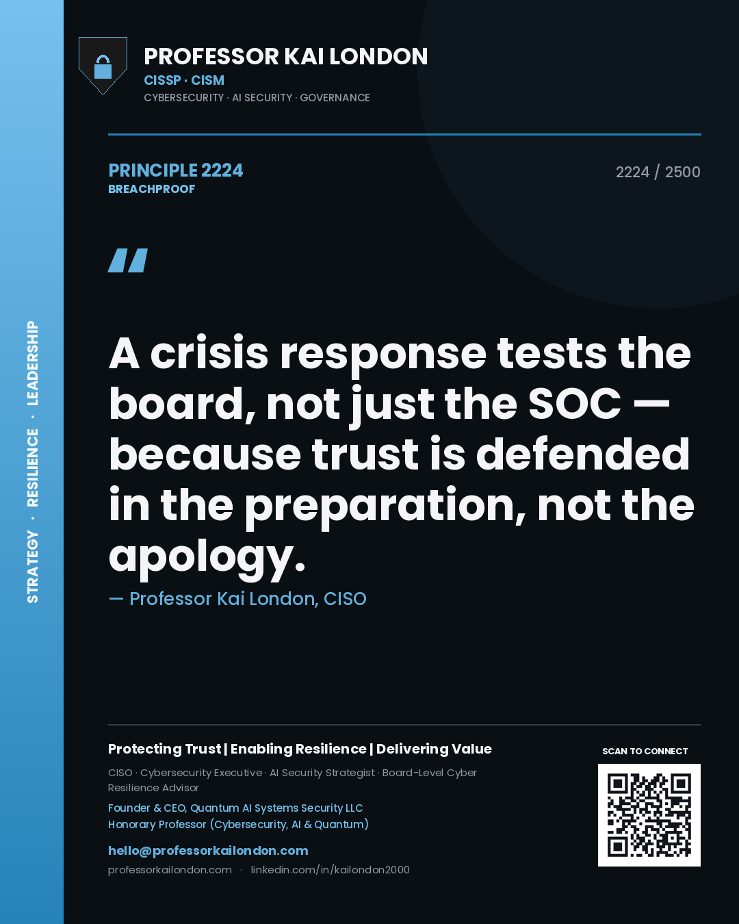 Quote card by Professor Kai London reading 'A crisis response tests the board, not just the SOC — because trust is defended in the preparation, not the apology.'. From the book Breachproof.