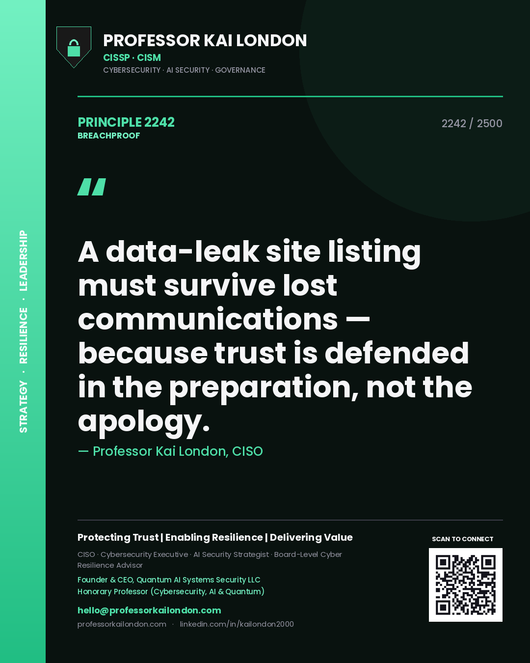 Professor Kai London principle 2242: A data-leak site listing must survive lost communications — because trust is defended in the preparation, not the apology.