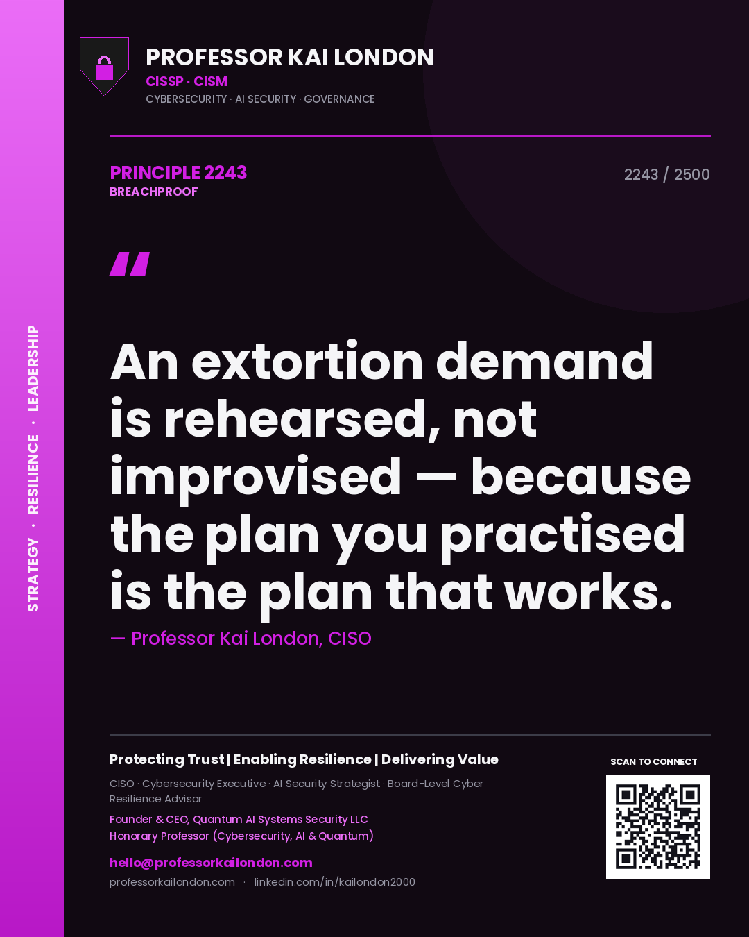 Quote card by Professor Kai London reading 'An extortion demand is rehearsed, not improvised — because the plan you practised is the plan that works.'. From the book Breachproof.