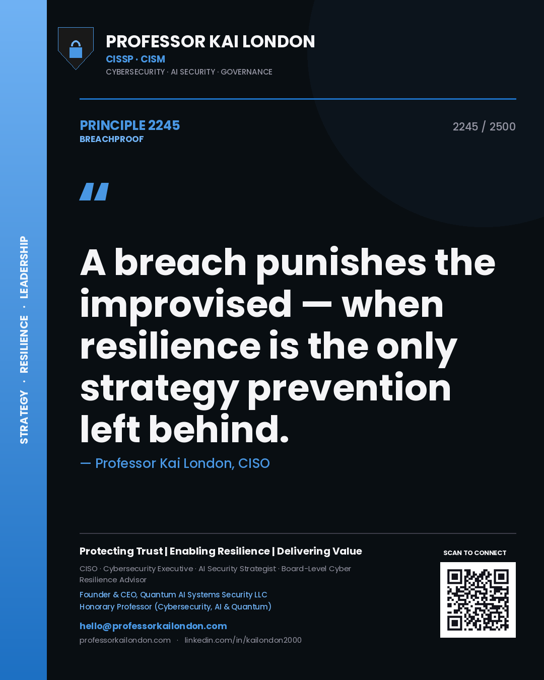 Quote card by Professor Kai London reading 'A breach punishes the improvised — when resilience is the only strategy prevention left behind.'. From the book Breachproof.