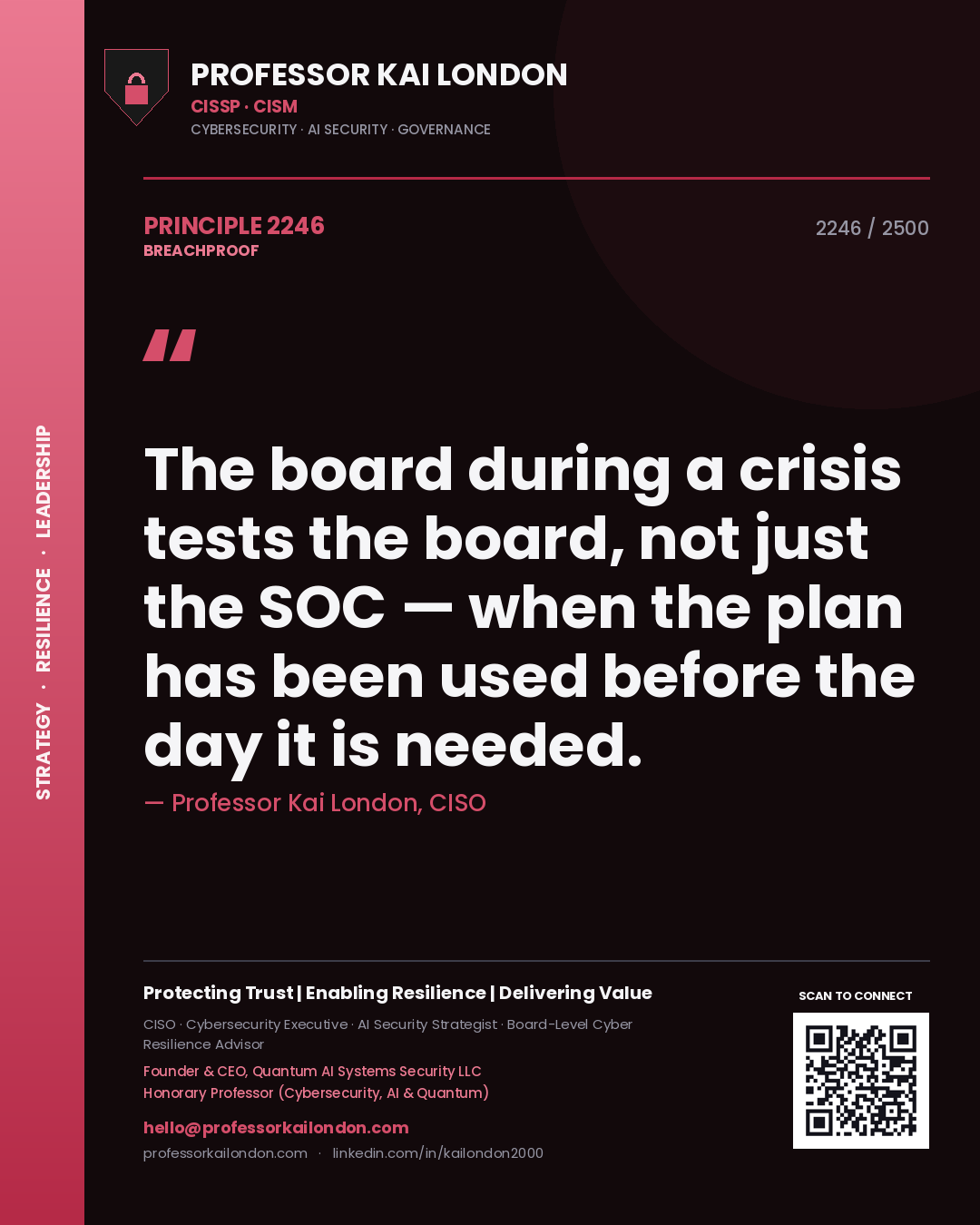 Quote card by Professor Kai London reading 'The board during a crisis tests the board, not just the SOC — when the plan has been used before the day it is needed.'. From the book Breachproof.