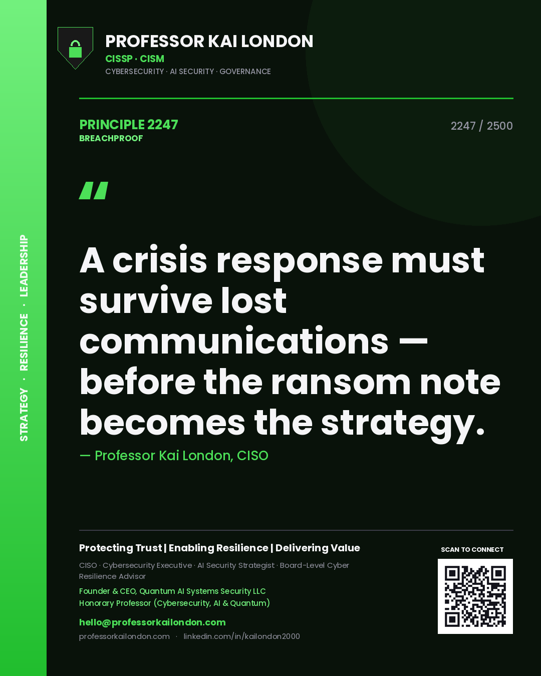 Professor Kai London principle 2247: A crisis response must survive lost communications — before the ransom note becomes the strategy.
