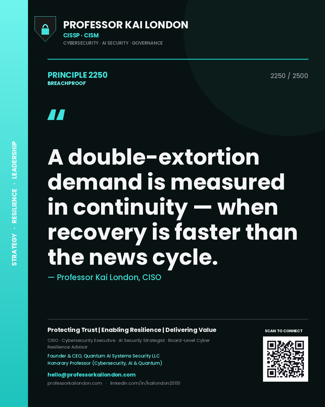 Quote card by Professor Kai London reading 'A double-extortion demand is measured in continuity — when recovery is faster than the news cycle.'. From the book Breachproof.