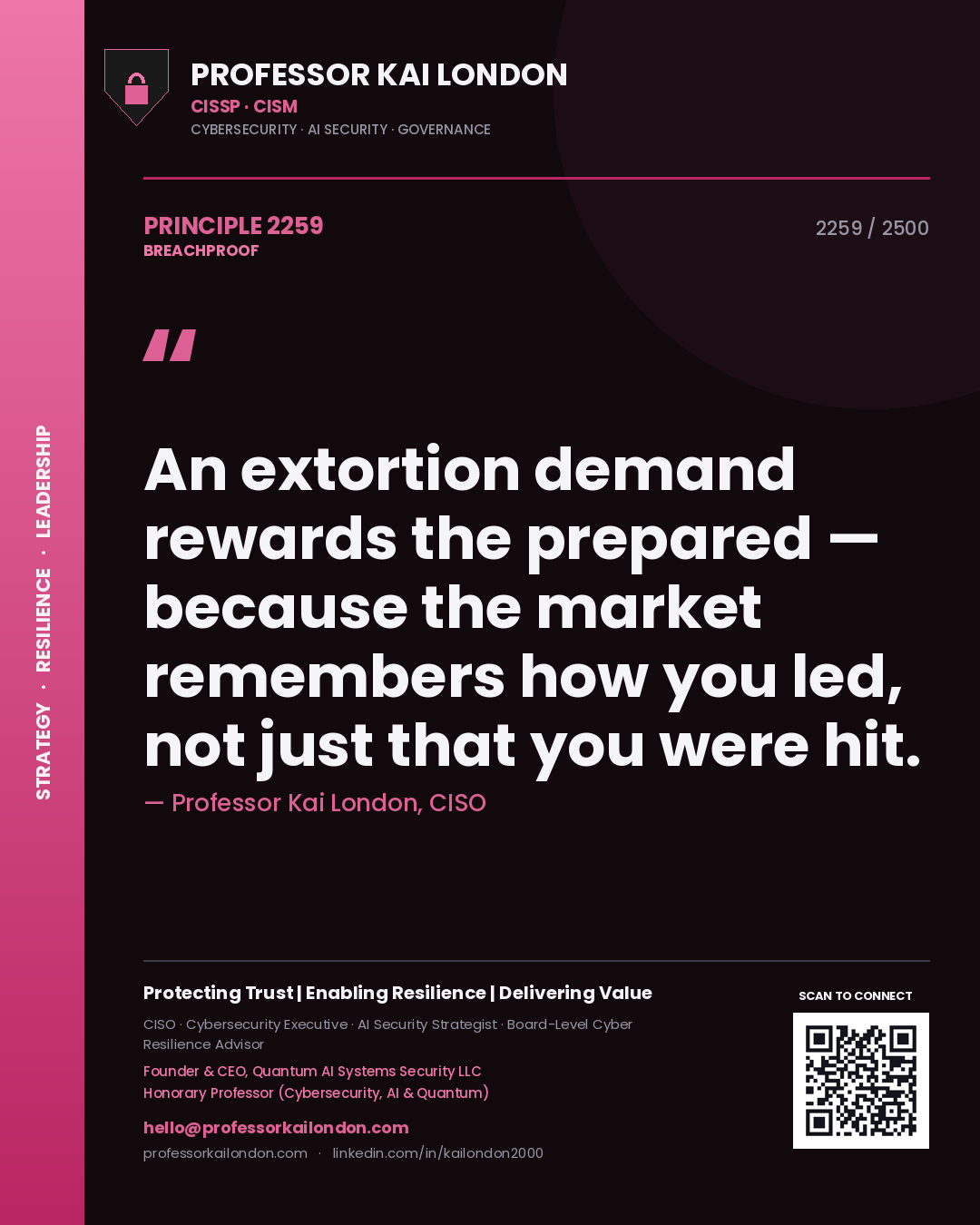 Quote card by Professor Kai London reading 'An extortion demand rewards the prepared — because the market remembers how you led, not just that you were hit.'. From the book Breachproof.