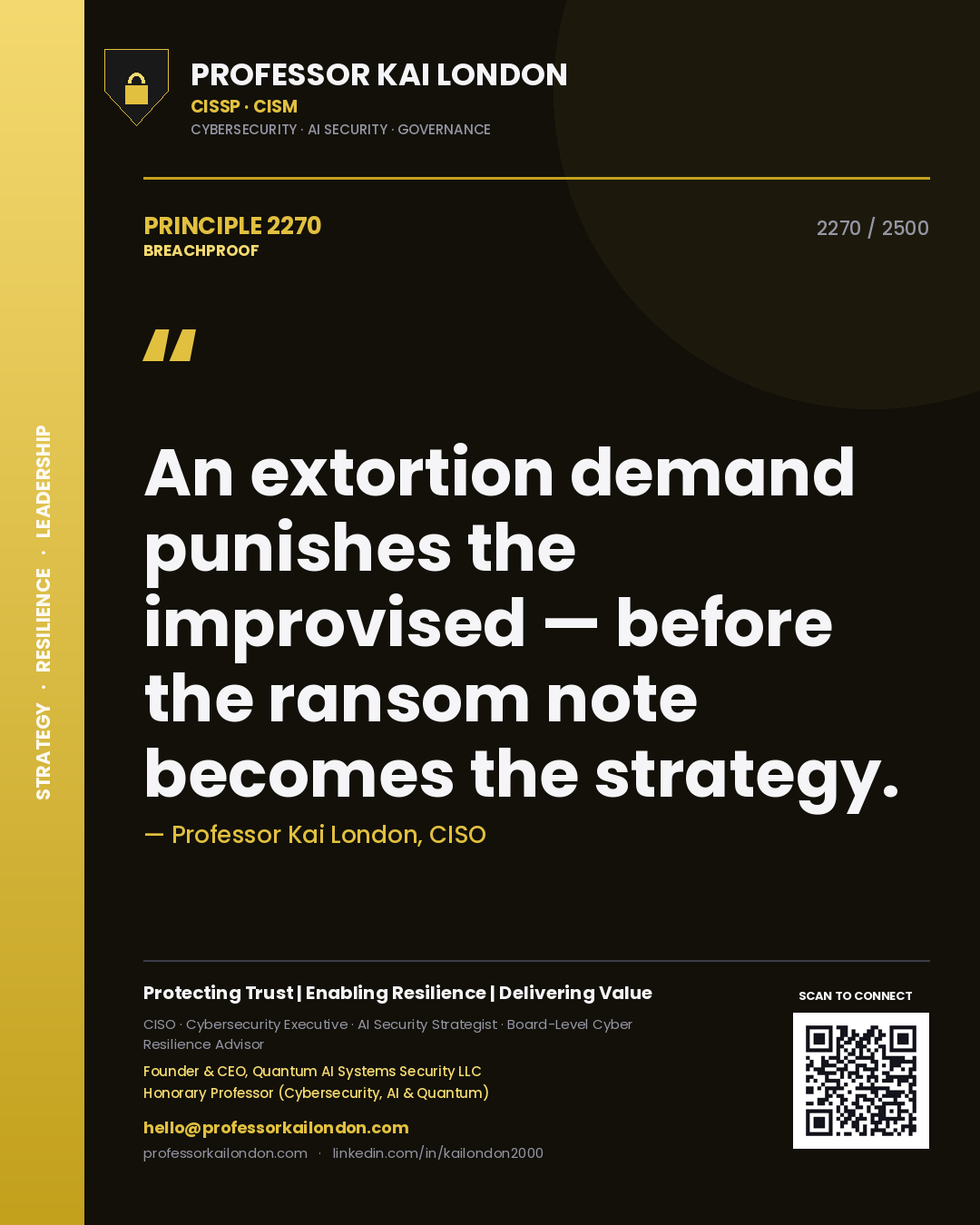 Quote card by Professor Kai London reading 'An extortion demand punishes the improvised — before the ransom note becomes the strategy.'. From the book Breachproof.