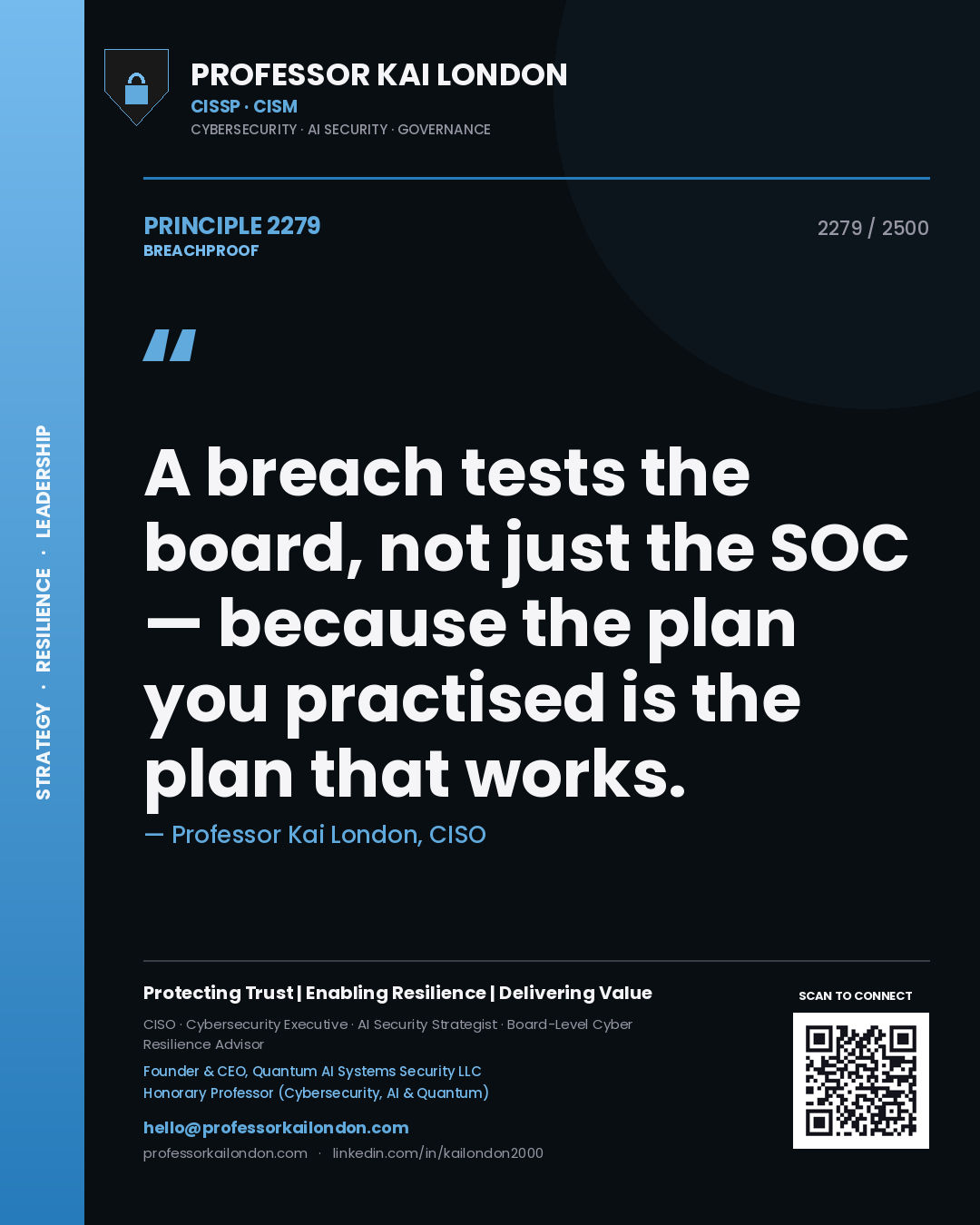 Professor Kai London principle 2279: A breach tests the board, not just the SOC — because the plan you practised is the plan that works.