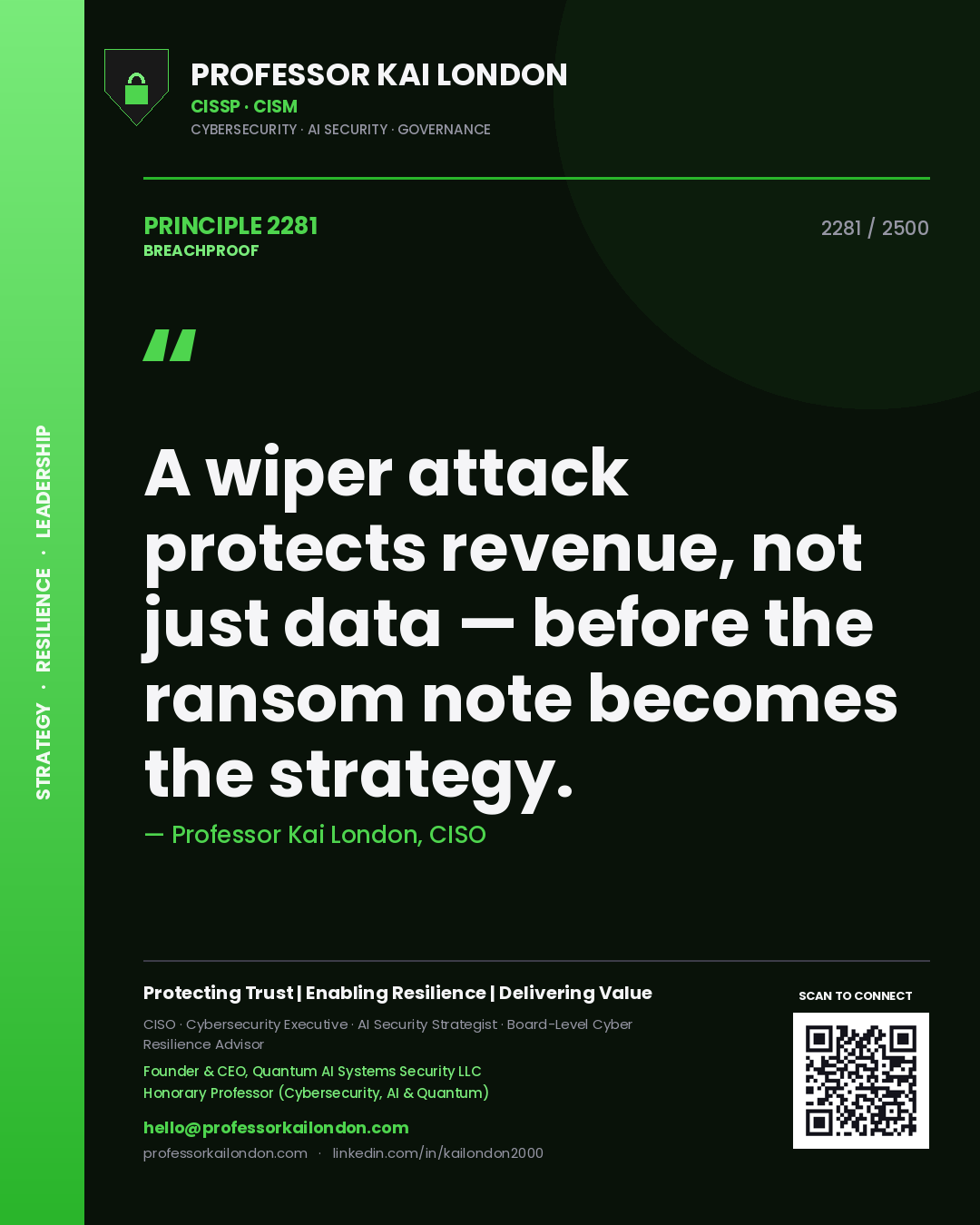 Quote card by Professor Kai London reading 'A wiper attack protects revenue, not just data — before the ransom note becomes the strategy.'. From the book Breachproof.