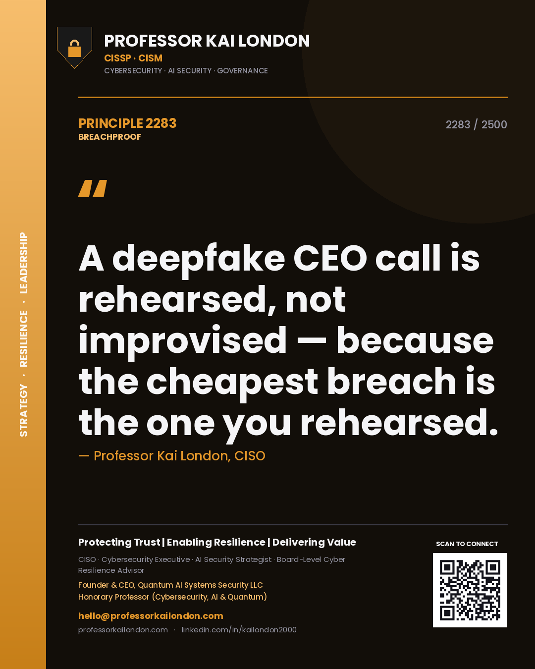 Quote card by Professor Kai London reading 'A deepfake CEO call is rehearsed, not improvised — because the cheapest breach is the one you rehearsed.'. From the book Breachproof.