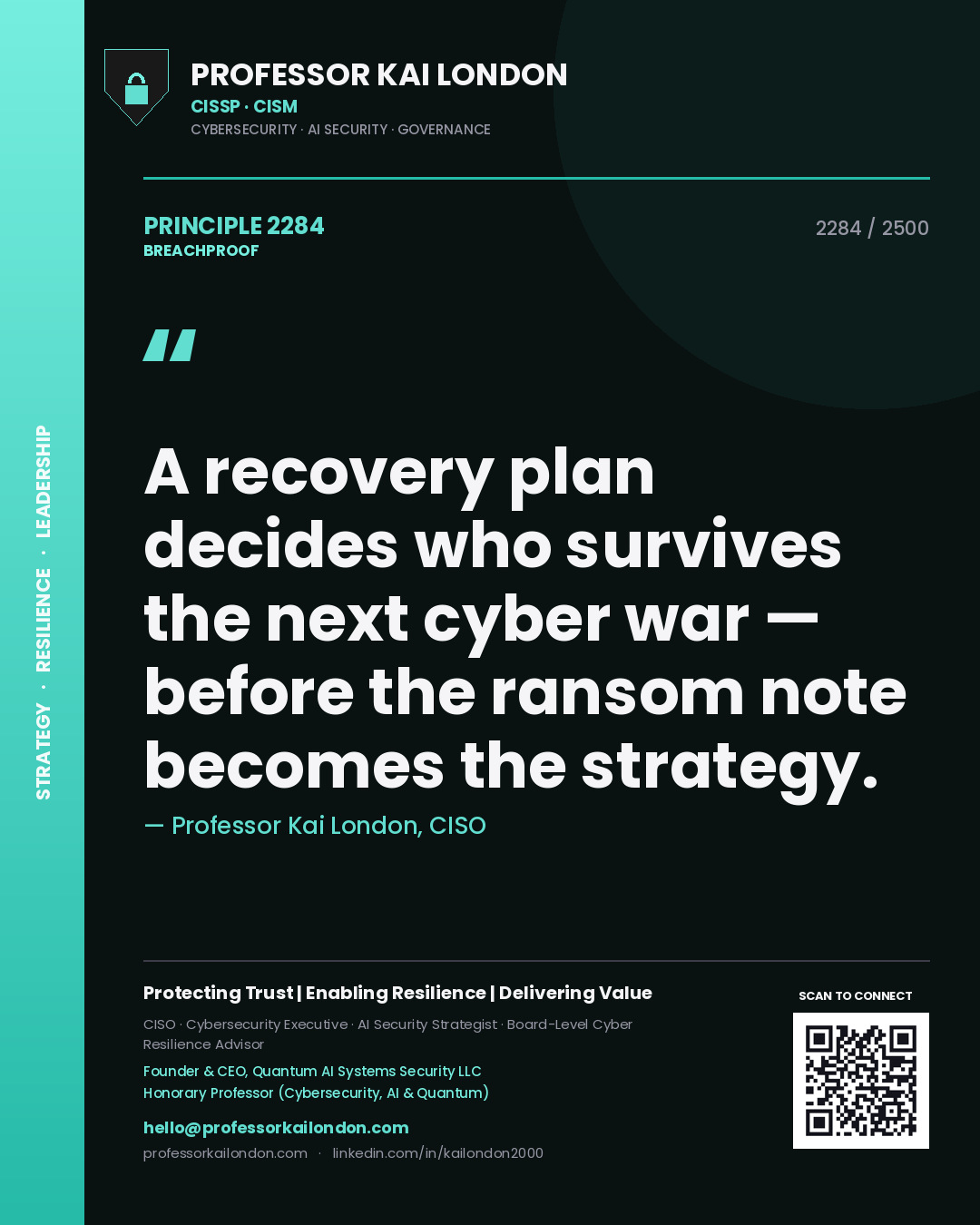 Quote card by Professor Kai London reading 'A recovery plan decides who survives the next cyber war — before the ransom note becomes the strategy.'. From the book Breachproof.